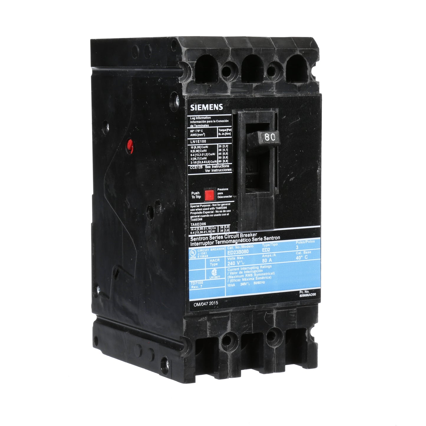 Siemens ED23B080 Circuit Breaker | 240V 80A 3P 10kA@240V Lug In Panelboard Sentron Series
