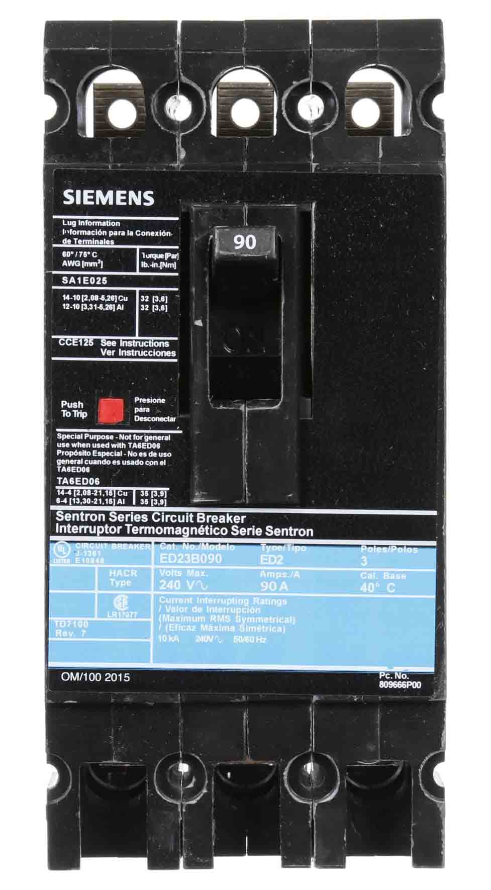 Siemens ED23B090L Molded Case Circuit Breaker 240V 90A 3P 10kA@240V Feed-Thru Sentron Series