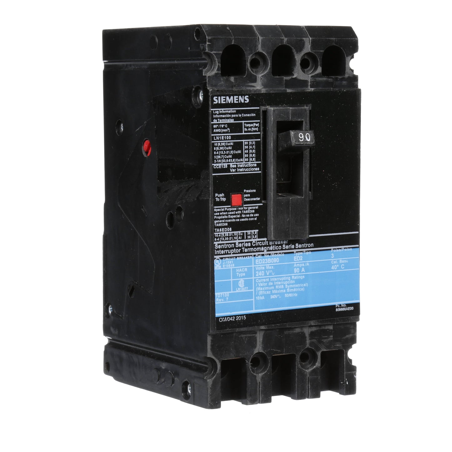 Siemens ED23B090 Circuit Breaker | 240V 90A 3P 10kA@240V Lug In Panelboard Sentron Series