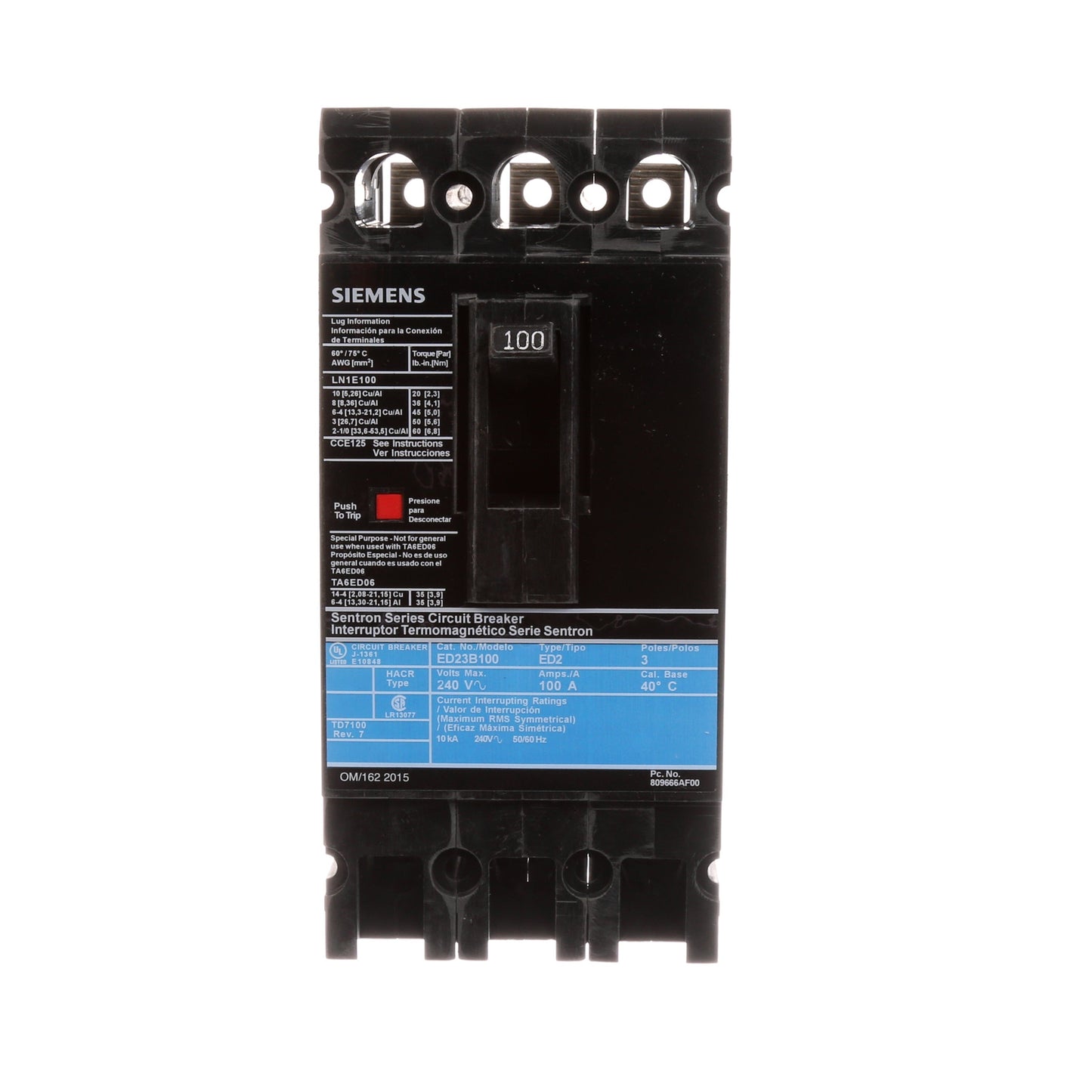 Siemens ED23B100 Circuit Breaker | 240V 100A 3P 10kA@240V Lug In Panelboard Sentron Series