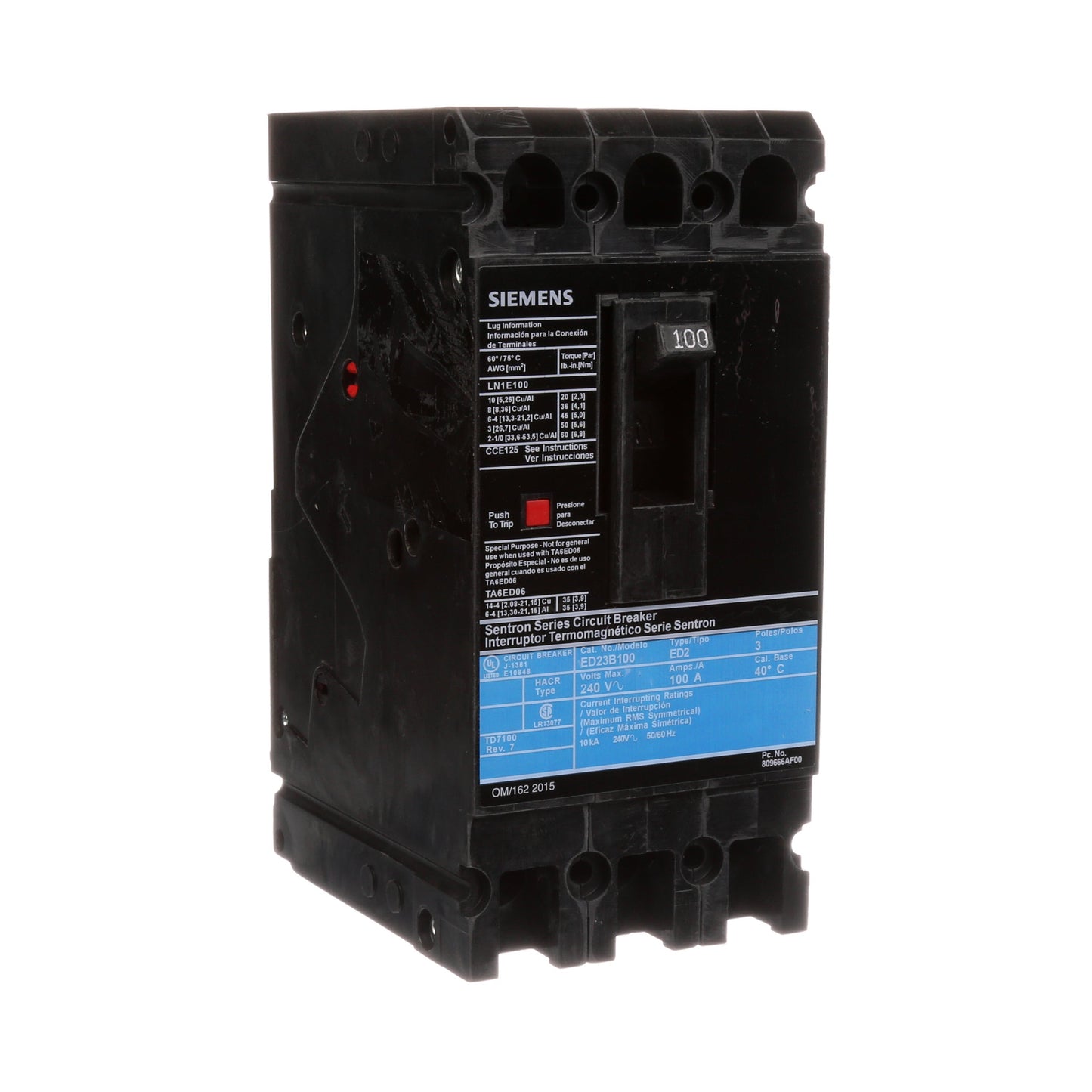 Siemens ED23B100 Circuit Breaker | 240V 100A 3P 10kA@240V Lug In Panelboard Sentron Series