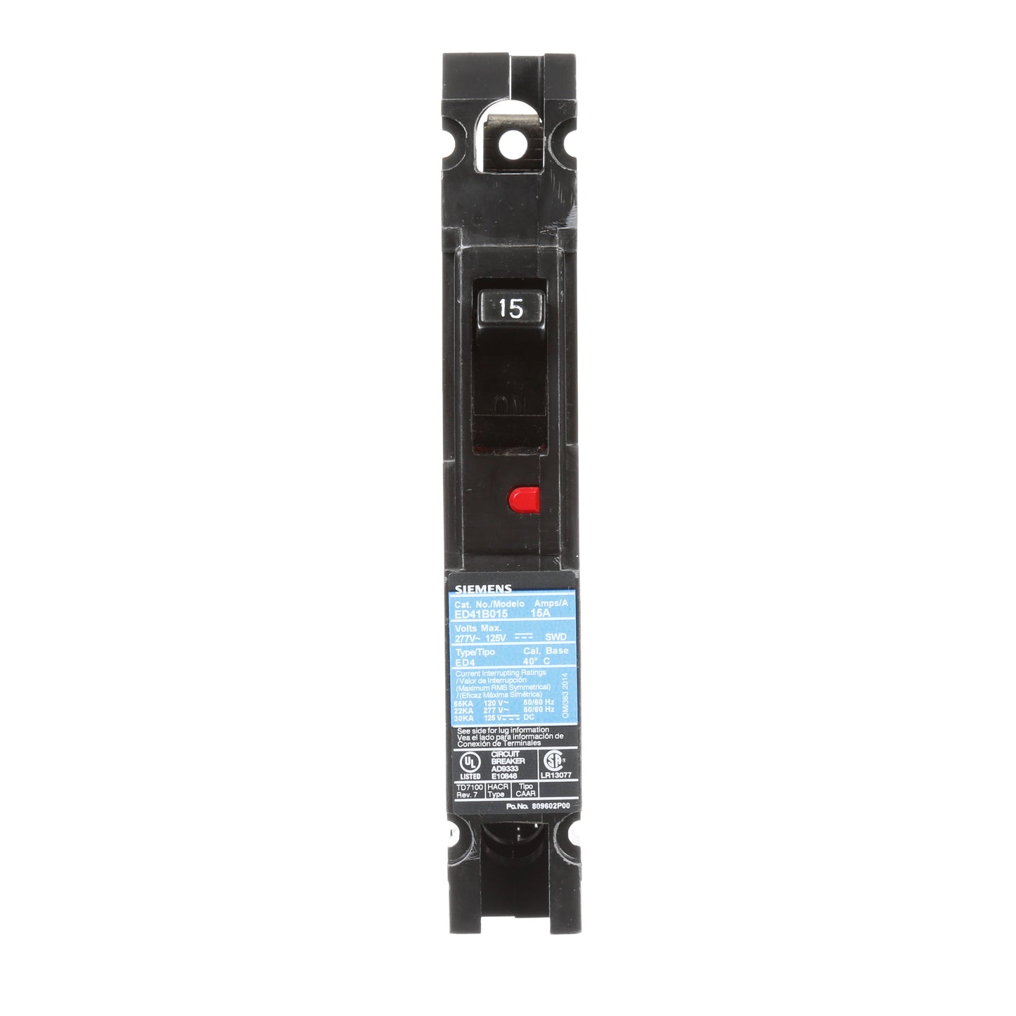 Siemens ED41B015 Circuit Breaker | 120V 15A 1 Pole 65kA@120V Bolt-On Sentron Series