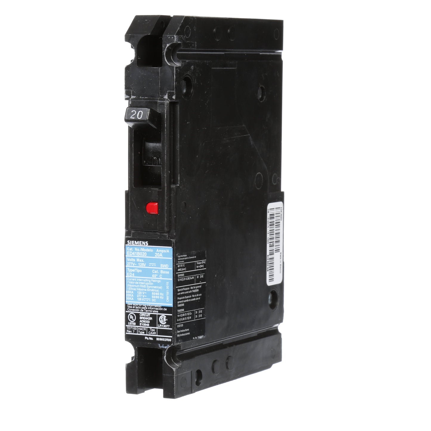 Siemens ED41B020 Circuit Breaker | 120V 20A 1P 65kA@120V Lug In Panelboard Sentron Series