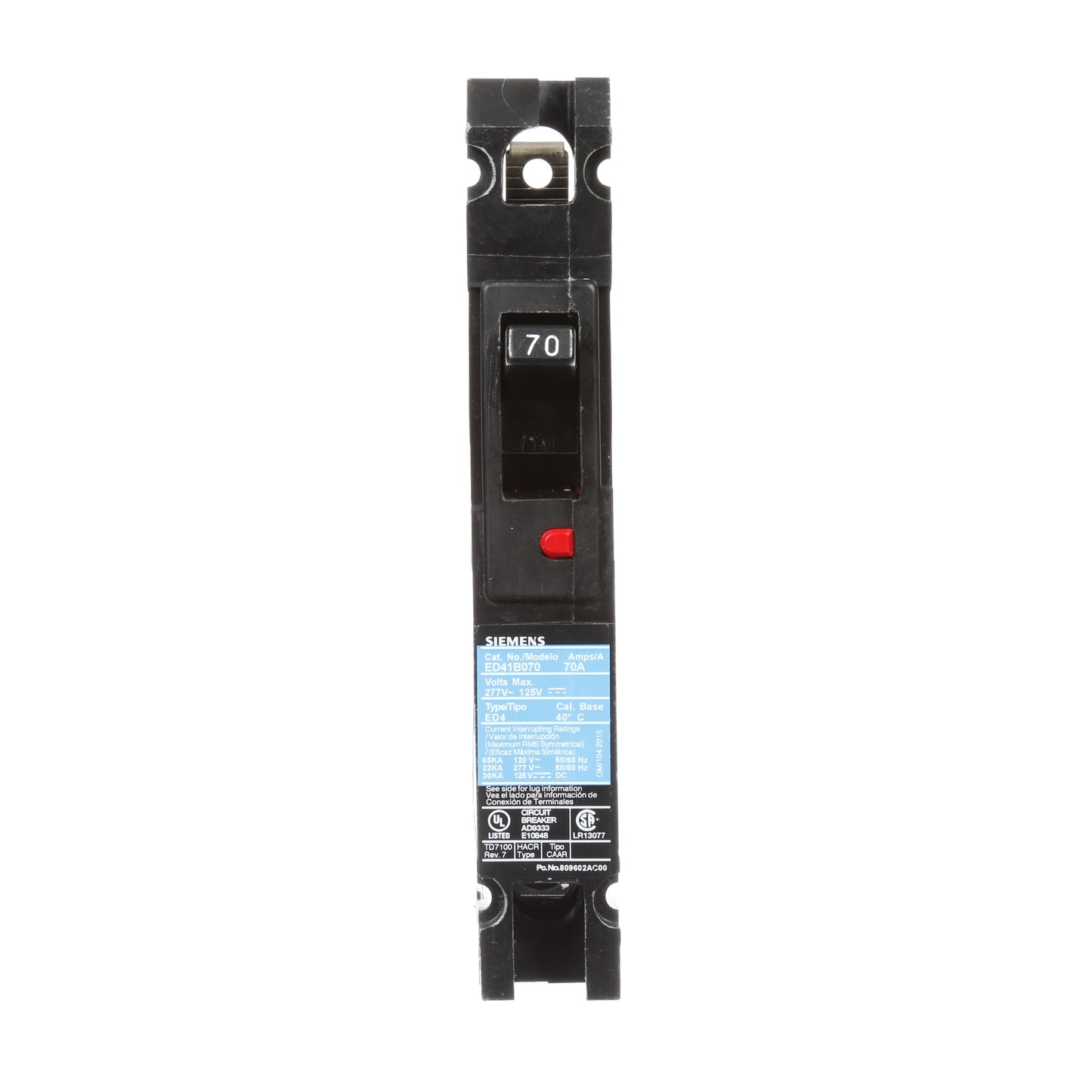 Siemens ED41B070 Circuit Breaker | 70A 1P 120V 65kA@120V Lug In Panelboard Sentron Series