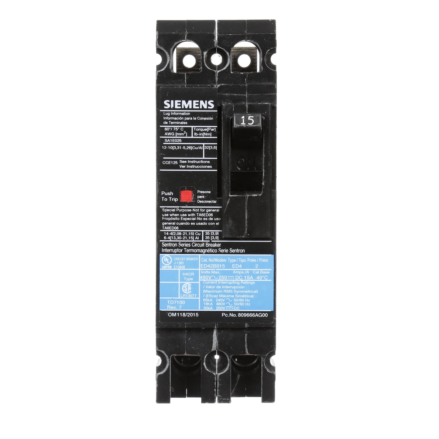 Siemens ED42B015 Circuit Breaker | Sentron Series ED 480V 15A