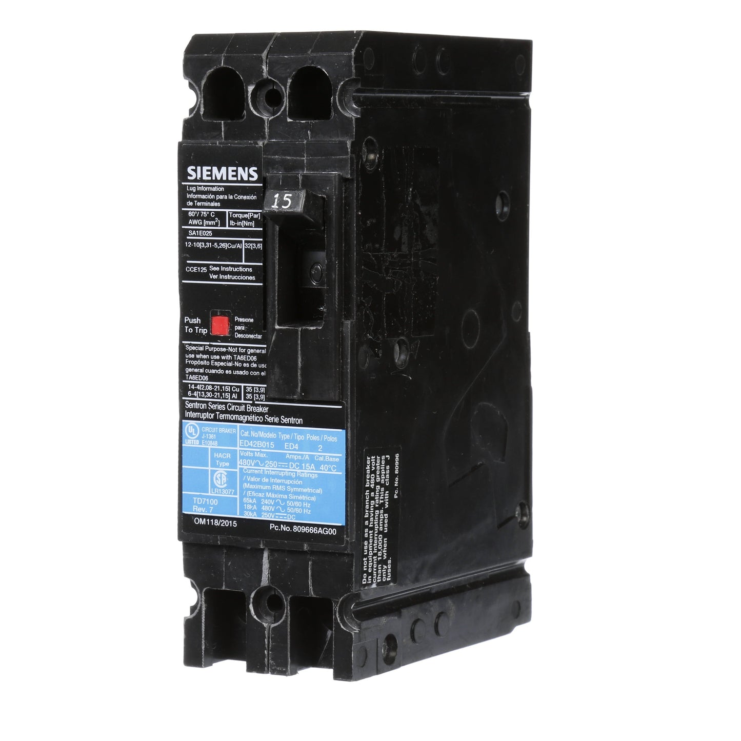 Siemens ED42B015 Circuit Breaker | Sentron Series ED 480V 15A