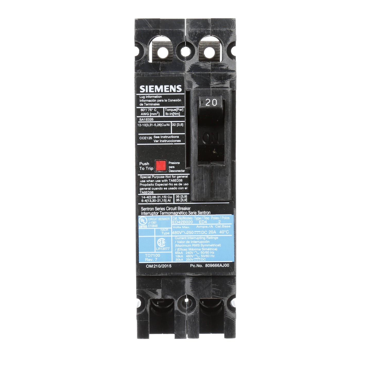 Siemens ED42B020 Circuit Breaker | 480V 20A 2P 18kA@480V Lug In Panelboard Sentron Series