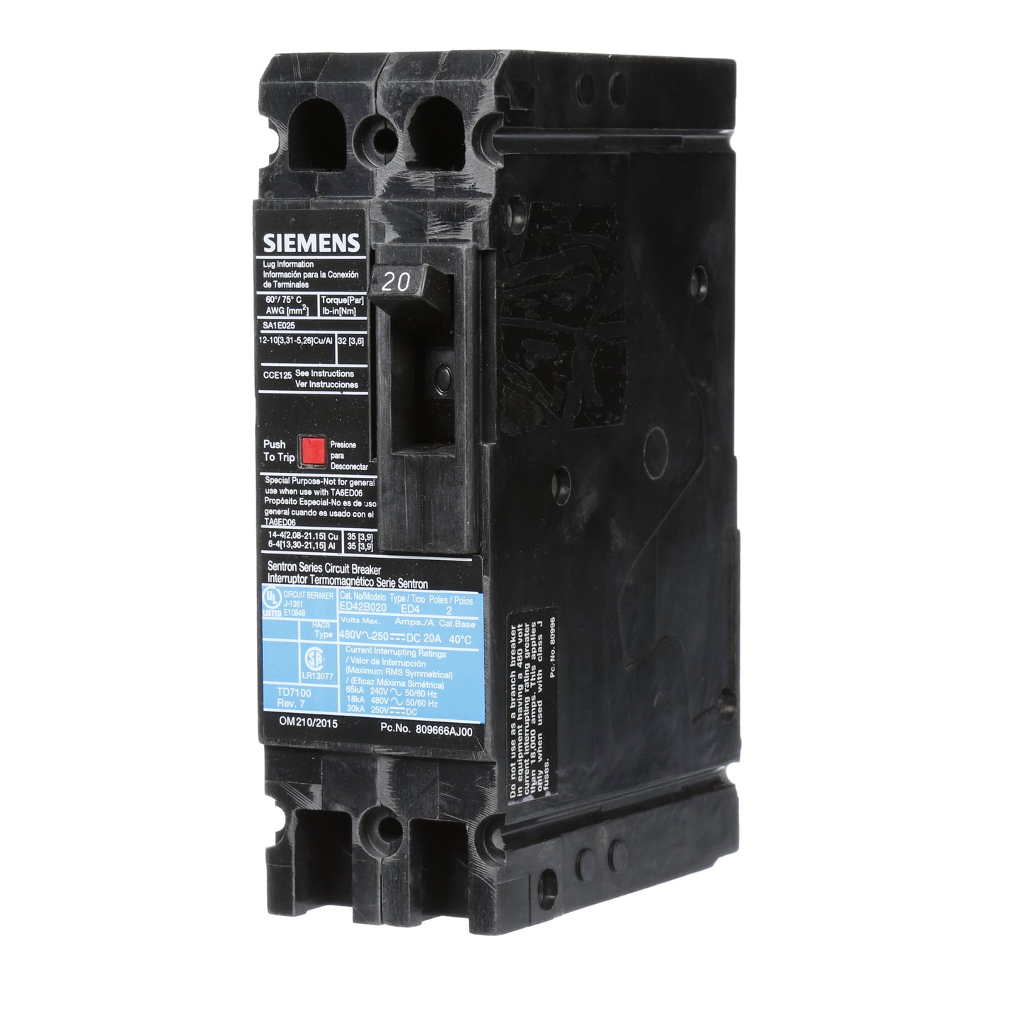 Siemens ED42B020 Circuit Breaker | 480V 20A 2P 18kA@480V Lug In Panelboard Sentron Series