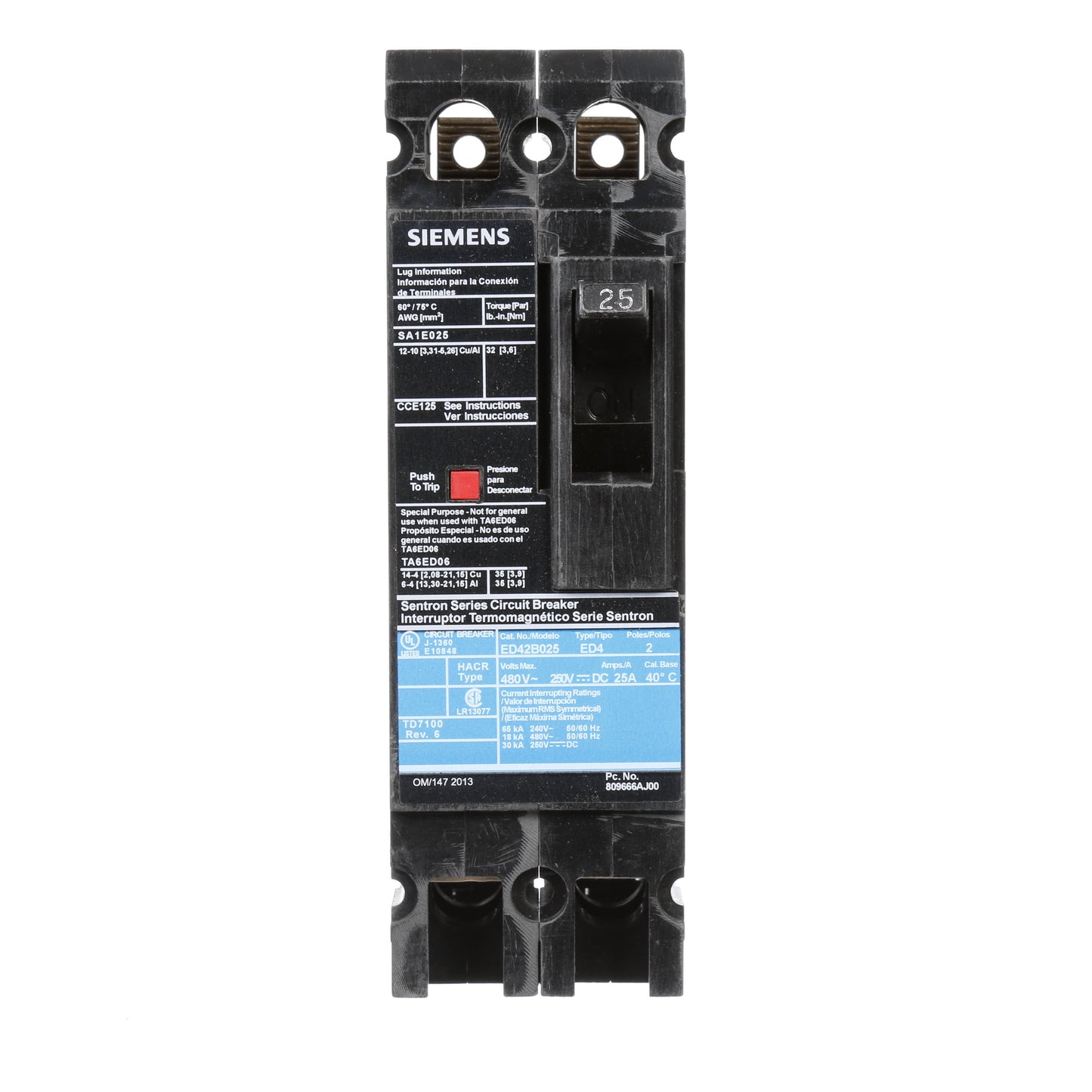 Siemens ED42B025 Circuit Breaker | 480V 25A 2P 18kA@480V Bolt-On Sentron Series