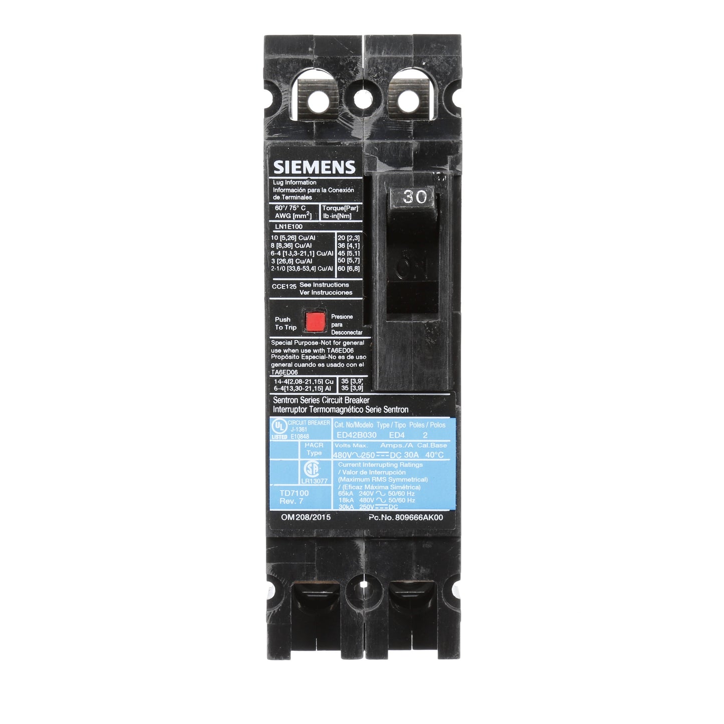 Siemens ED42B030 Circuit Breaker | 480V 30A 2P 18kA@480V Sentron Series