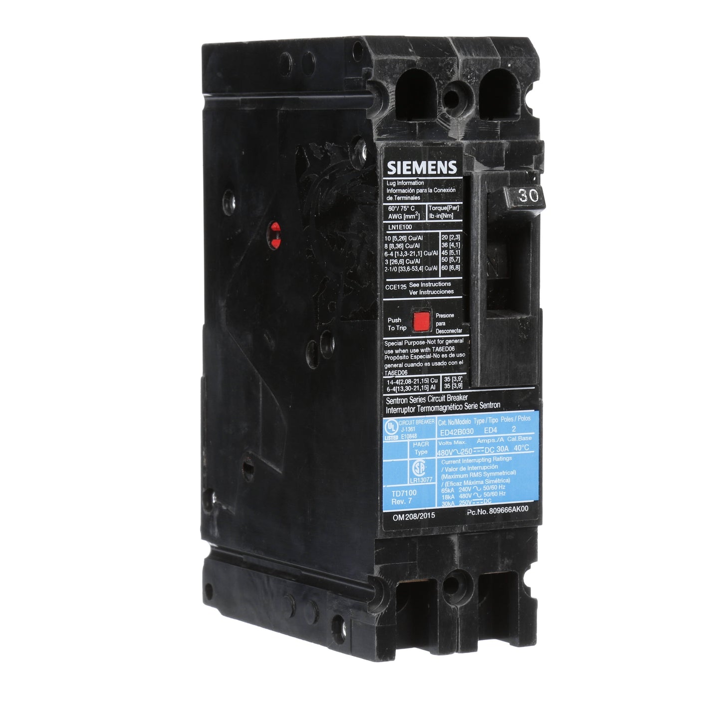 Siemens ED42B030 Circuit Breaker | 480V 30A 2P 18kA@480V Sentron Series