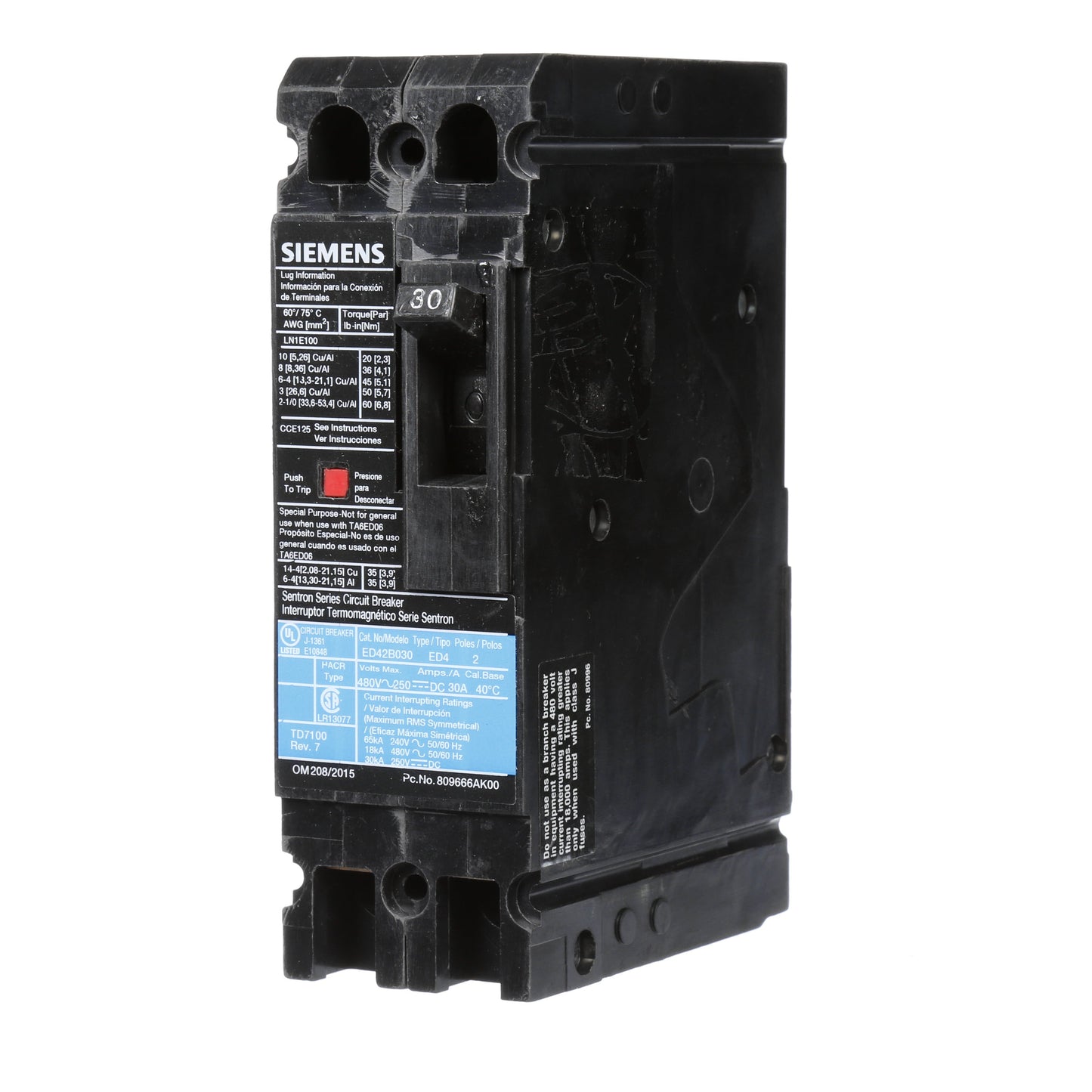 Siemens ED42B030 Circuit Breaker | 480V 30A 2P 18kA@480V Sentron Series