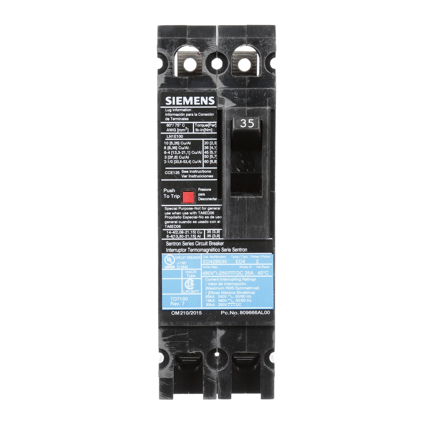 Siemens ED42B035 Circuit Breaker | 480V 35A 2P 18kA@480V Bolt-On Sentron Series