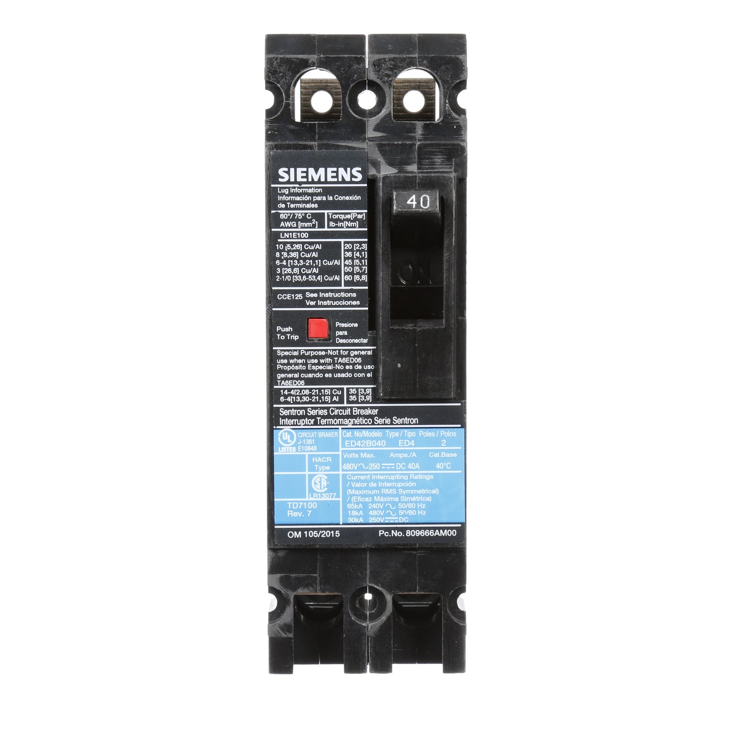 Siemens ED42B040 Circuit Breaker | 480V 40A 2P 18kA@480V Lug In Panelboard Sentron Series