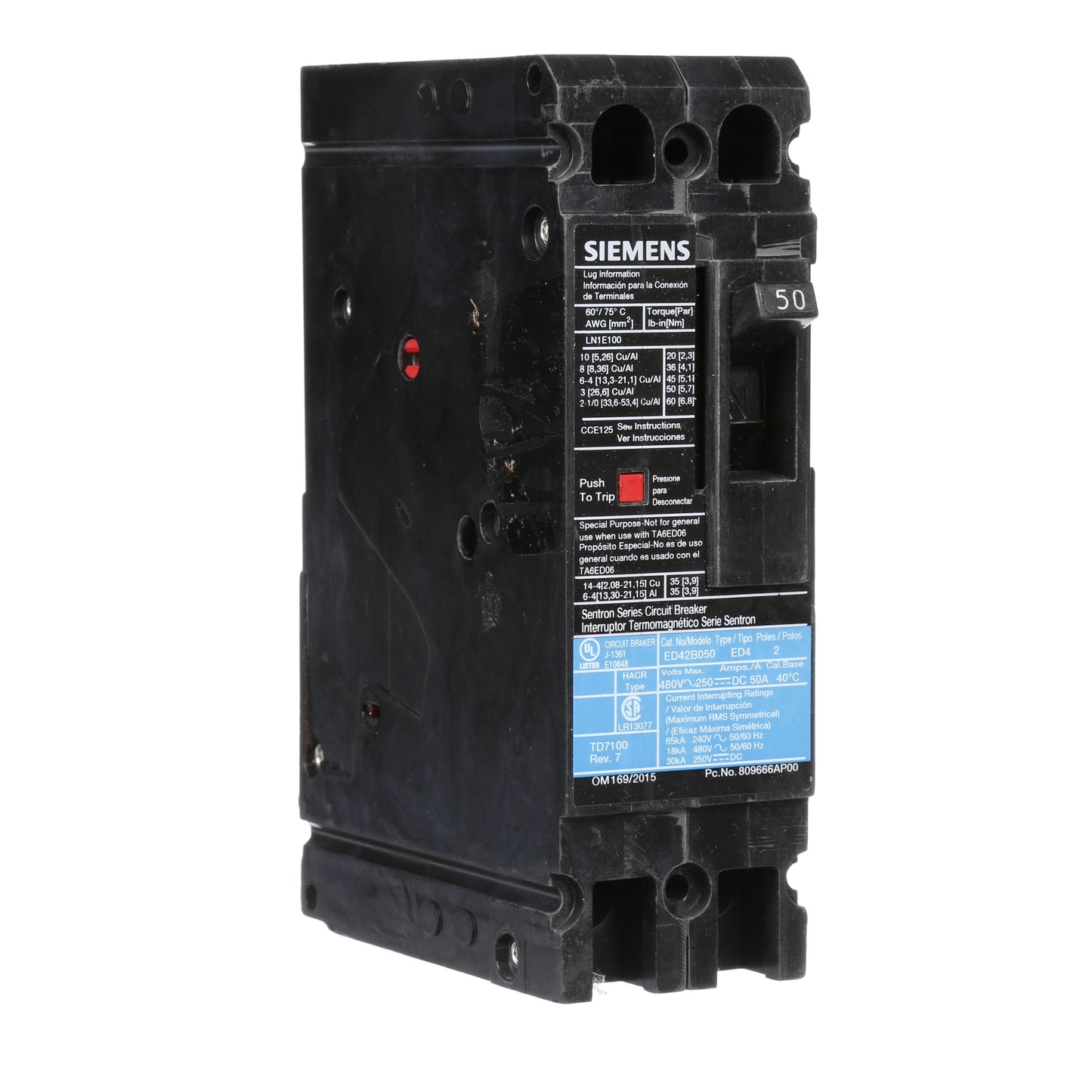 Siemens ED42B050 Circuit Breaker | 480V 50A 2P 18kA@480V Lug In Panelboard Sentron Series