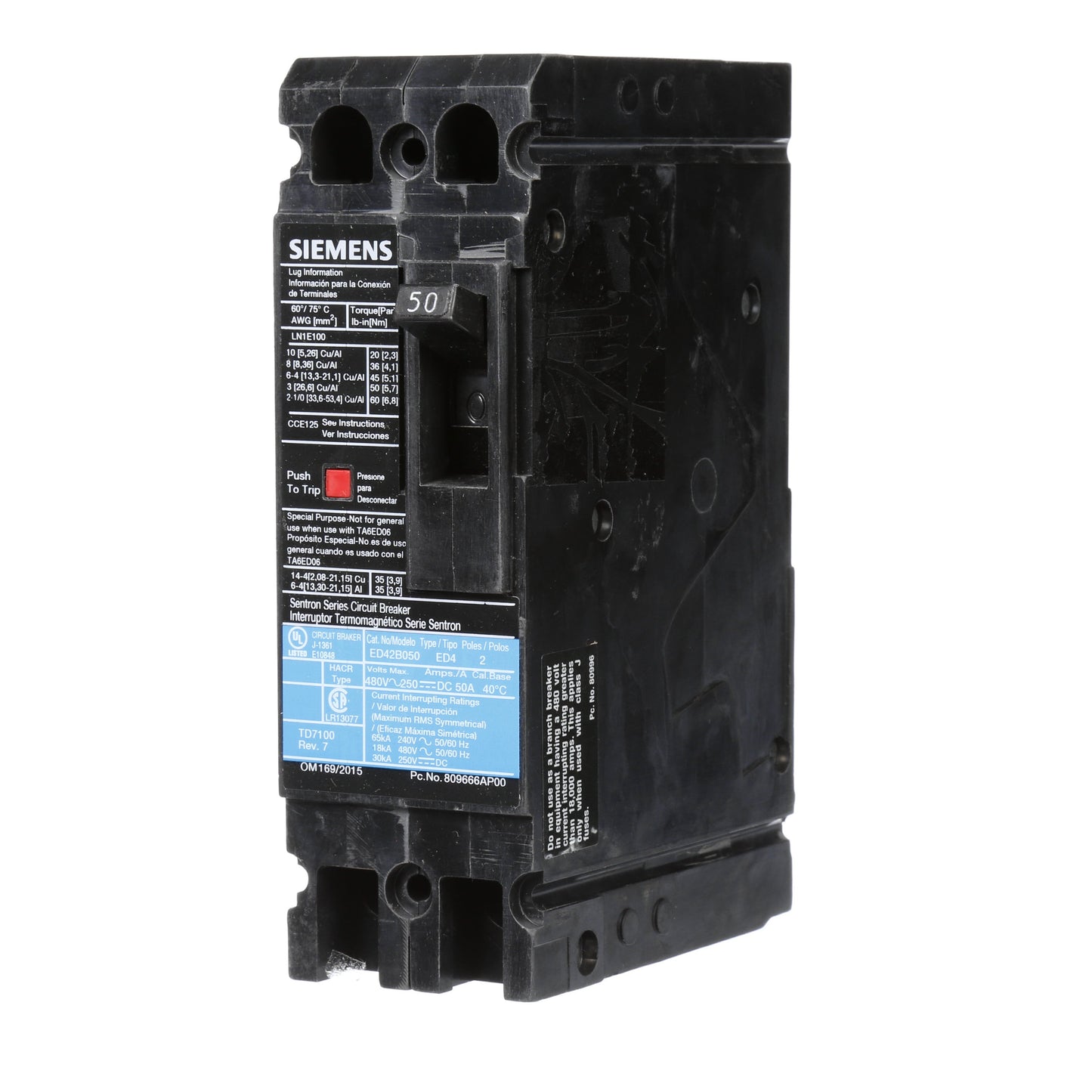 Siemens ED42B050 Circuit Breaker | 480V 50A 2P 18kA@480V Lug In Panelboard Sentron Series