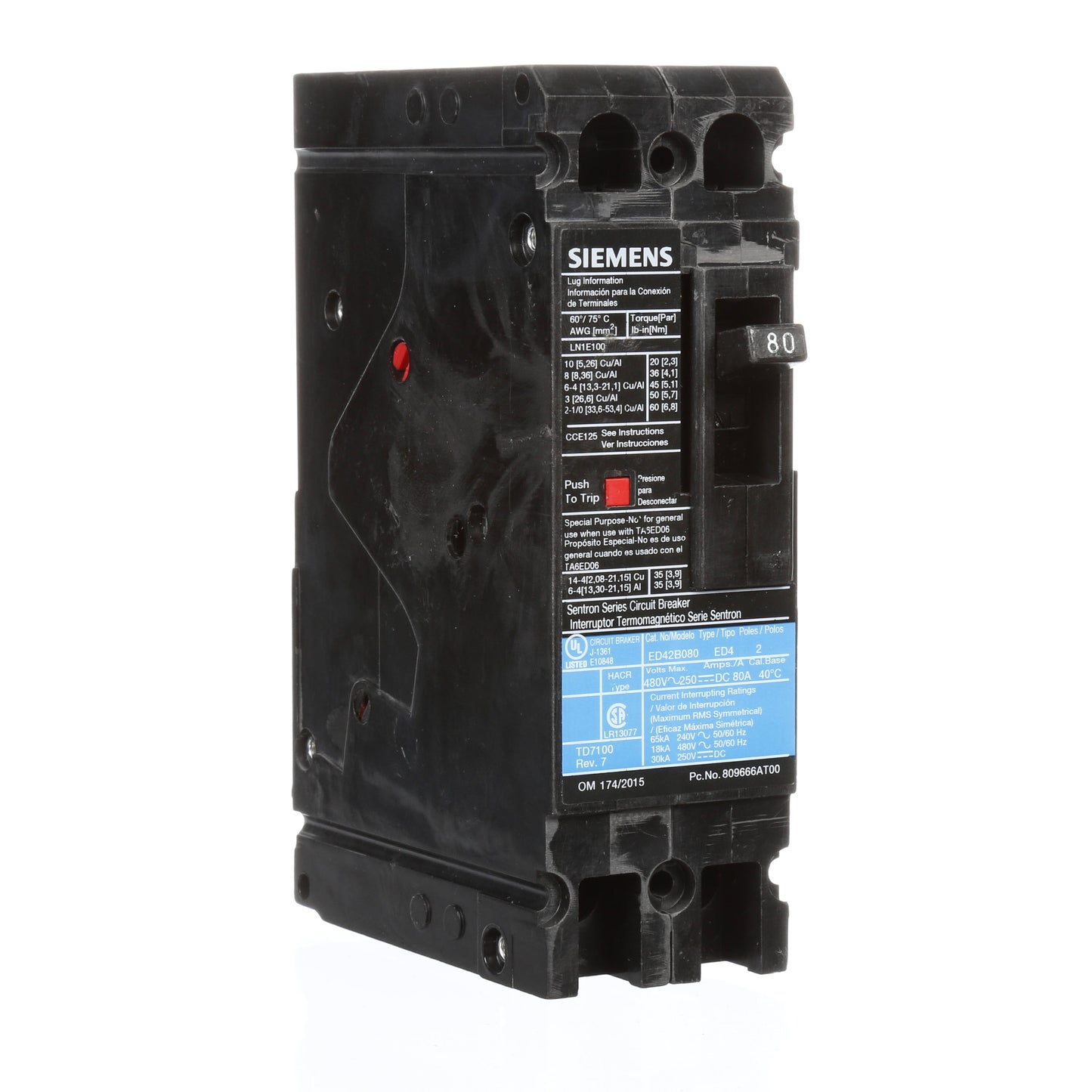 Siemens ED42B080 Circuit Breaker | 480V 80A 2P 18kA@480V Lug In Panelboard Sentron Series