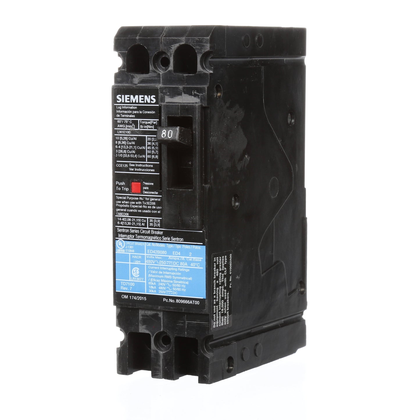 Siemens ED42B080 Circuit Breaker | 480V 80A 2P 18kA@480V Lug In Panelboard Sentron Series