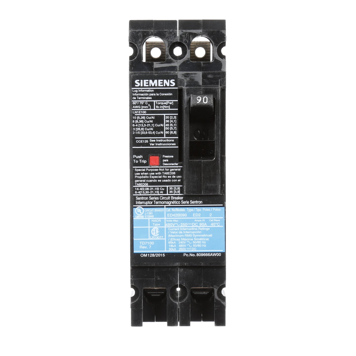 Siemens ED42B090 Circuit Breaker | 480V 90A 2P 18kA@480V Lug In Panelboard Sentron Series