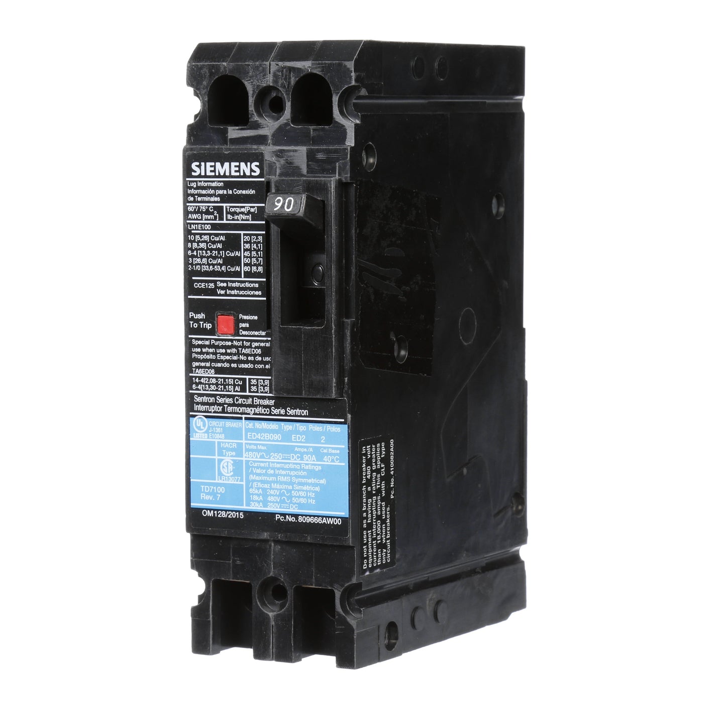 Siemens ED42B090 Circuit Breaker | 480V 90A 2P 18kA@480V Lug In Panelboard Sentron Series