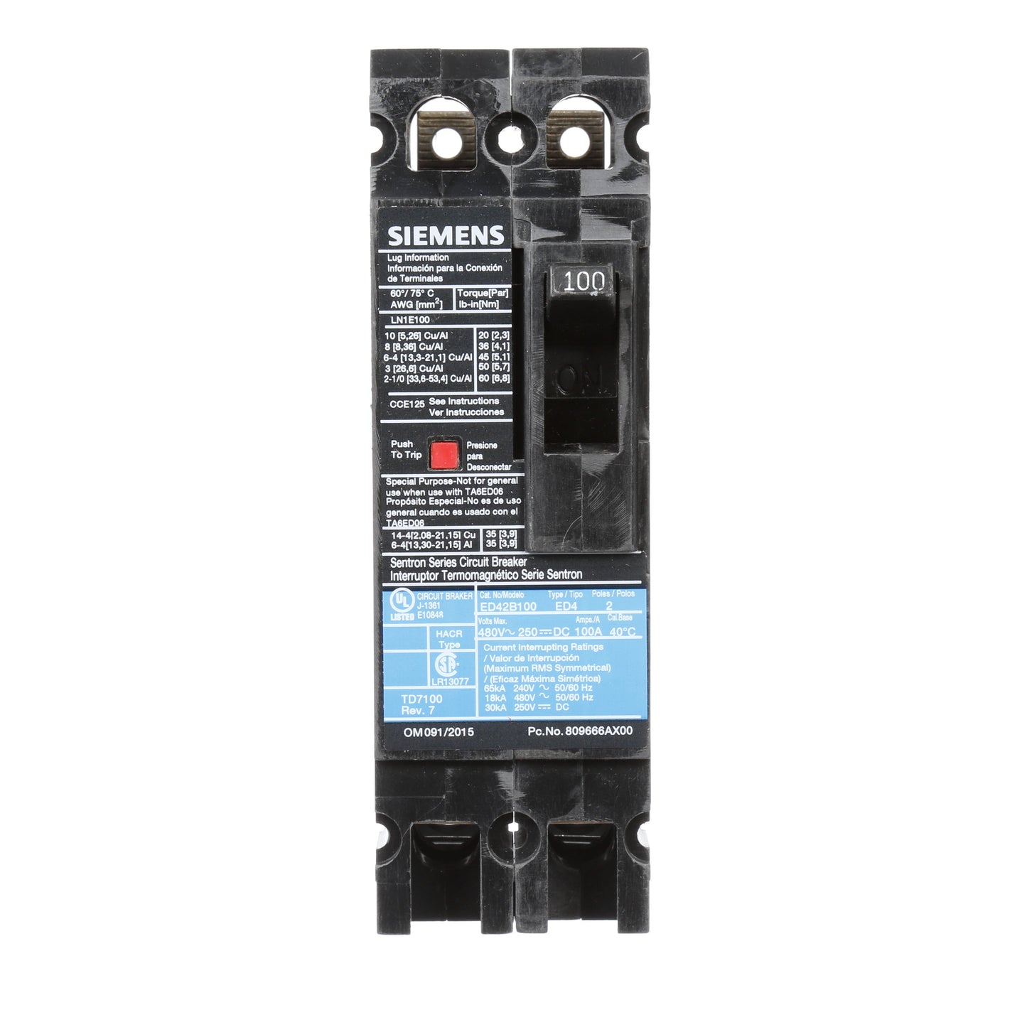 Siemens ED42B100 Molded Case Circuit Breaker | 480V 100A 2P 18kA@480V Lug In Panelboard Sentron Series