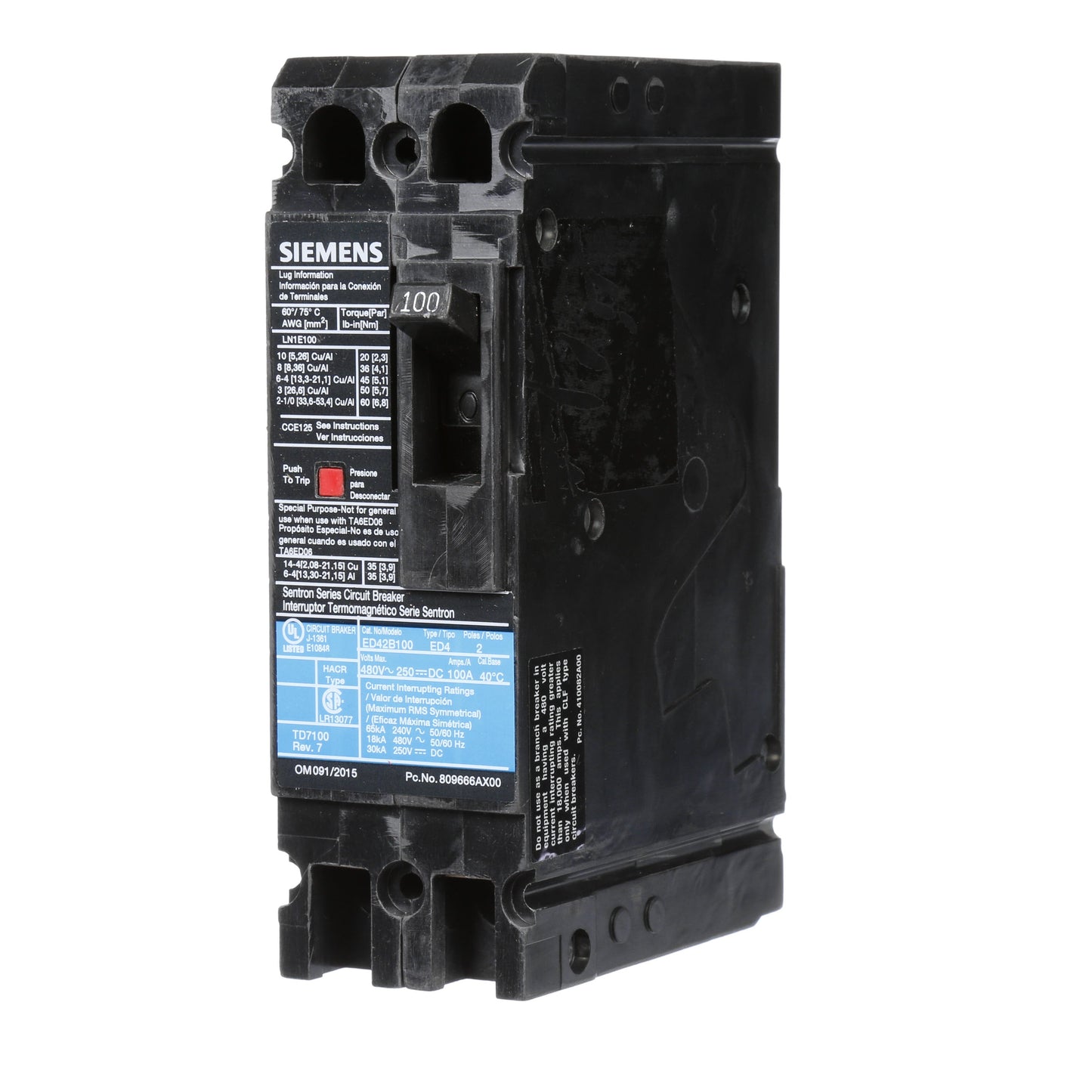 Siemens ED42B100 Molded Case Circuit Breaker | 480V 100A 2P 18kA@480V Lug In Panelboard Sentron Series