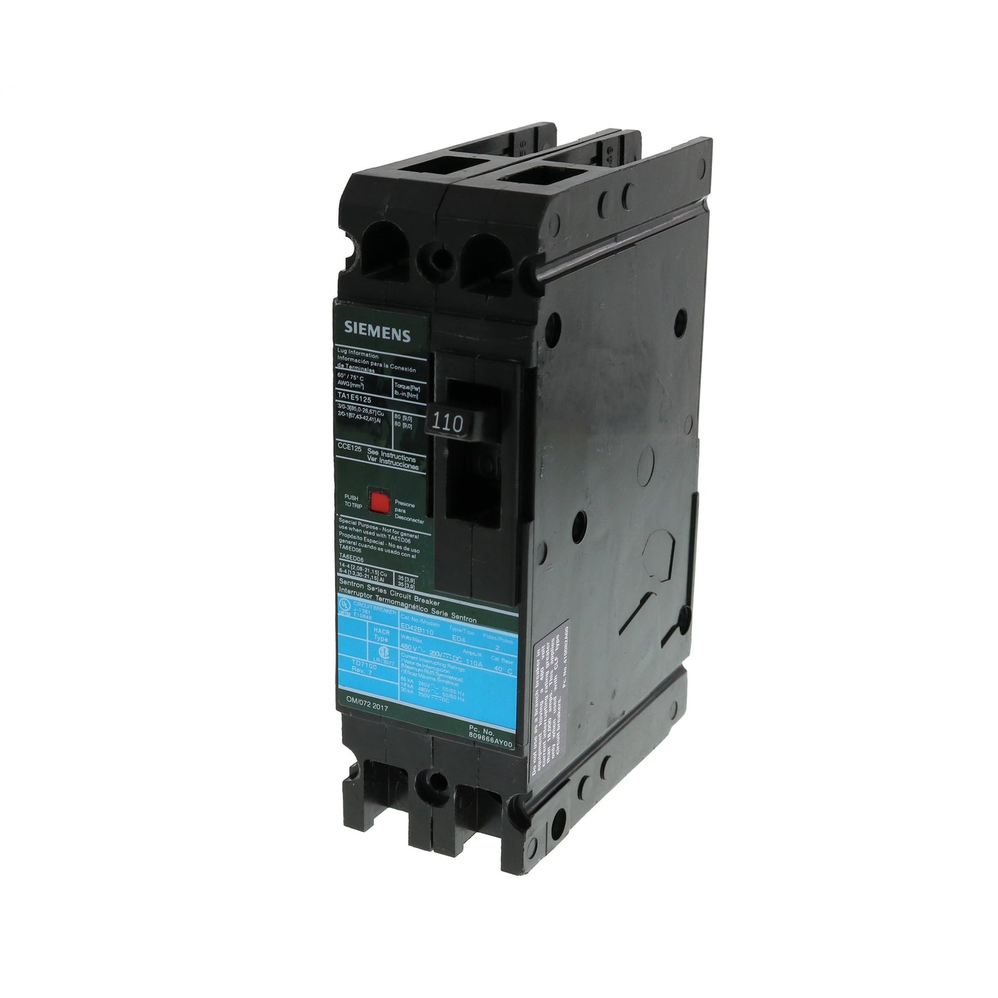 Siemens ED42B110 Circuit Breaker | 480V 110A 2P 18kA@480V Lug In Panelboard Sentron Series