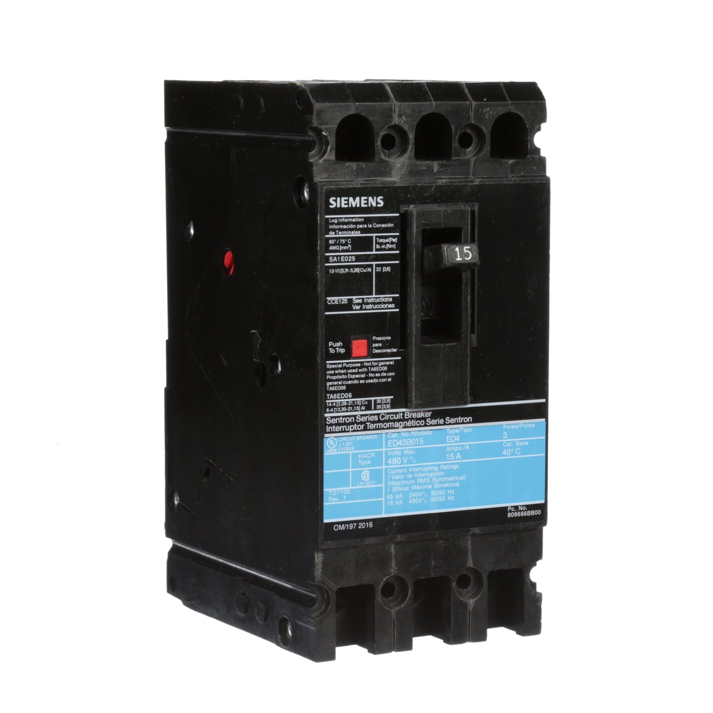 Siemens ED43B015L Circuit Breaker | 480V 15A 3P 18kA@480V Feed-Thru Sentron Series