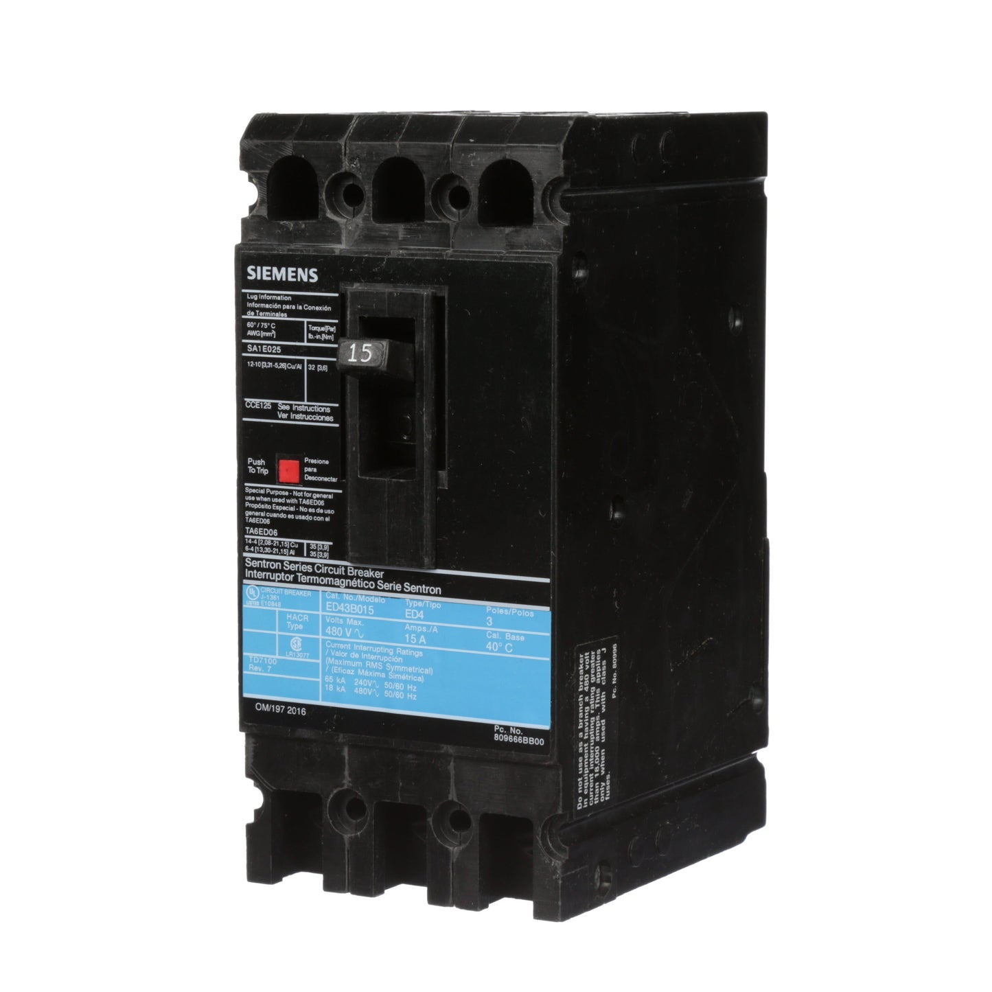 Siemens ED43B015L Circuit Breaker | 480V 15A 3P 18kA@480V Feed-Thru Sentron Series