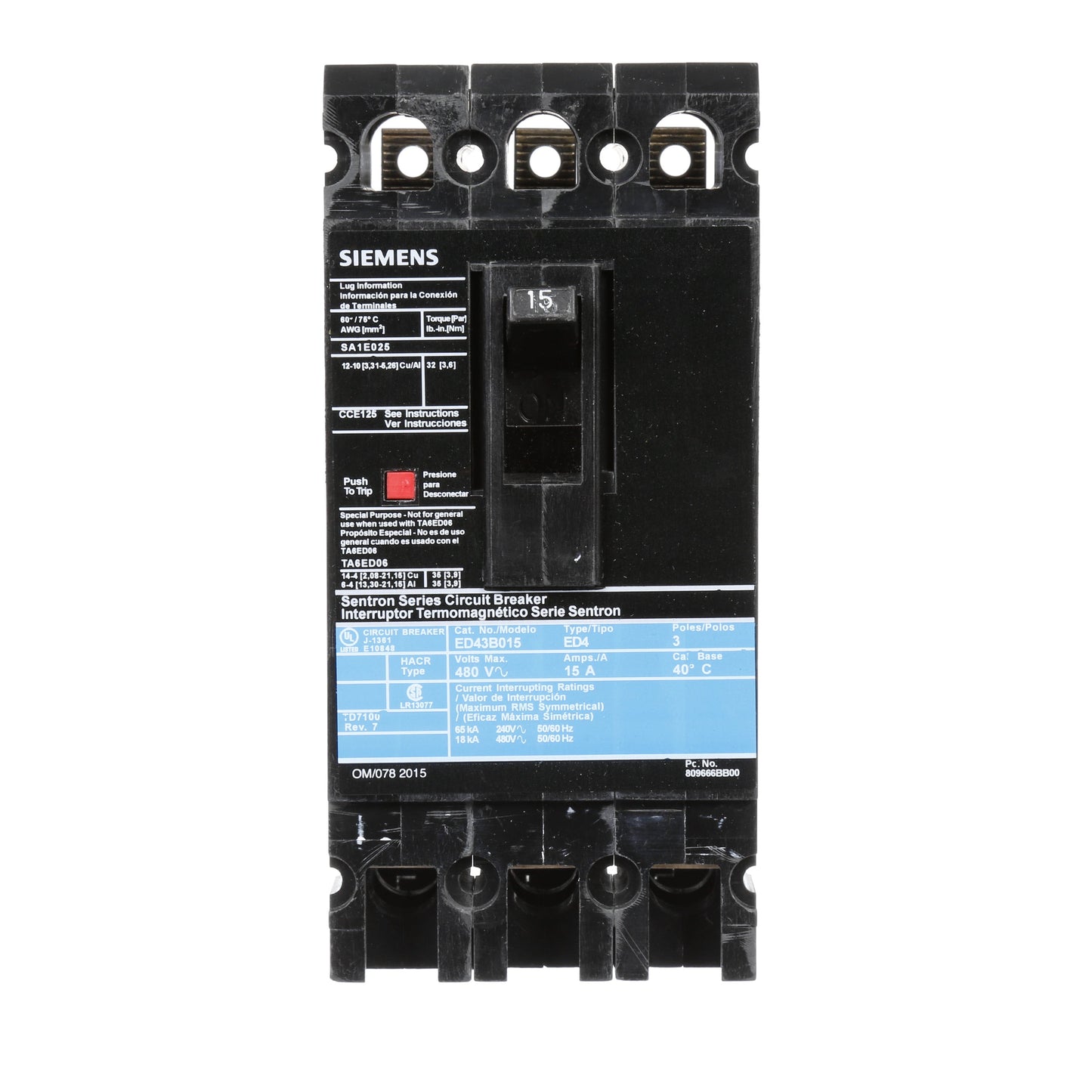 Siemens ED43B015 Molded Case Circuit Breaker | 480V 15A 3P 18kA@480V Lug In Panelboard Sentron Series