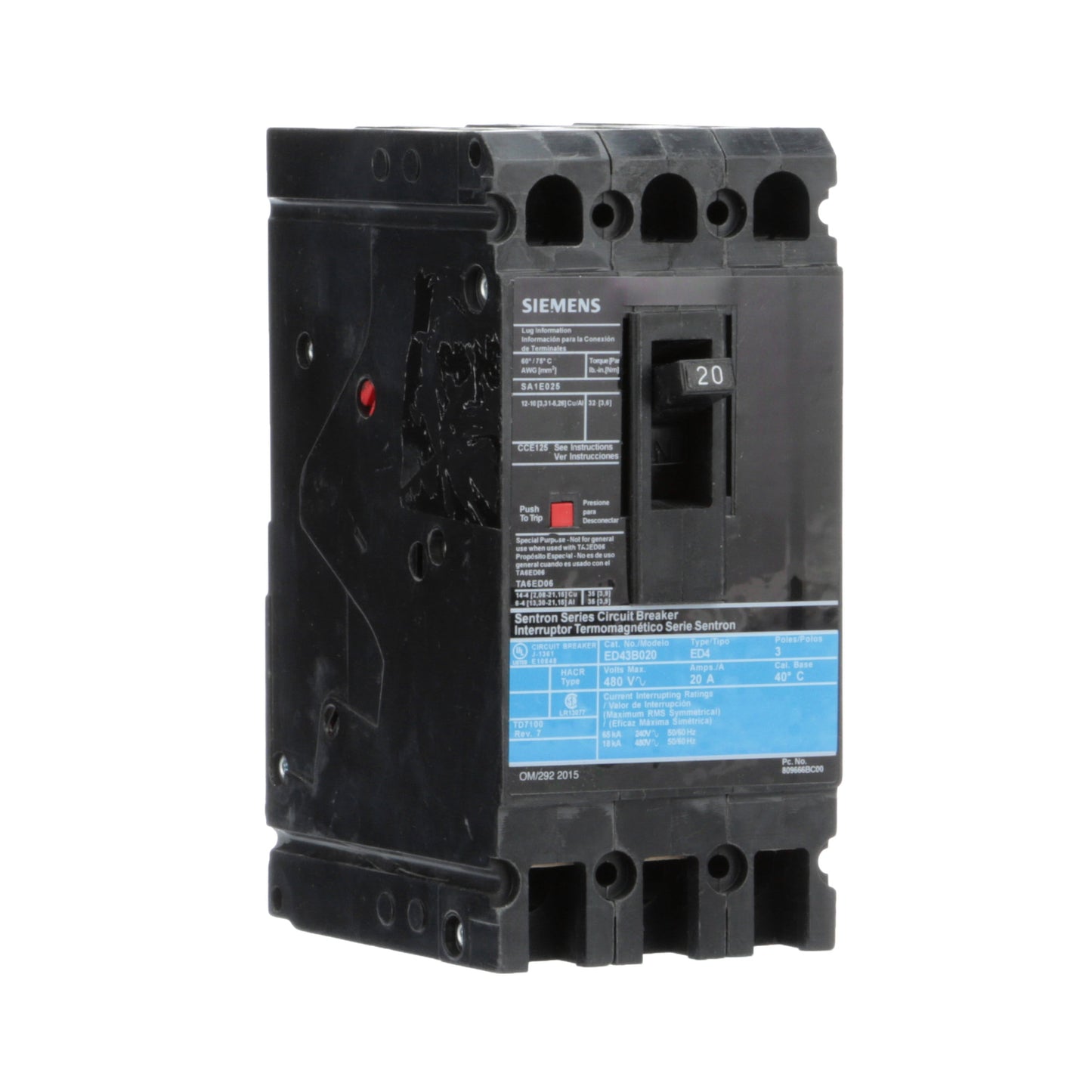 Siemens ED43B020L Molded Case Circuit Breaker | 480V 20A 3P 18kA@480V Feed-Thru Sentron Series