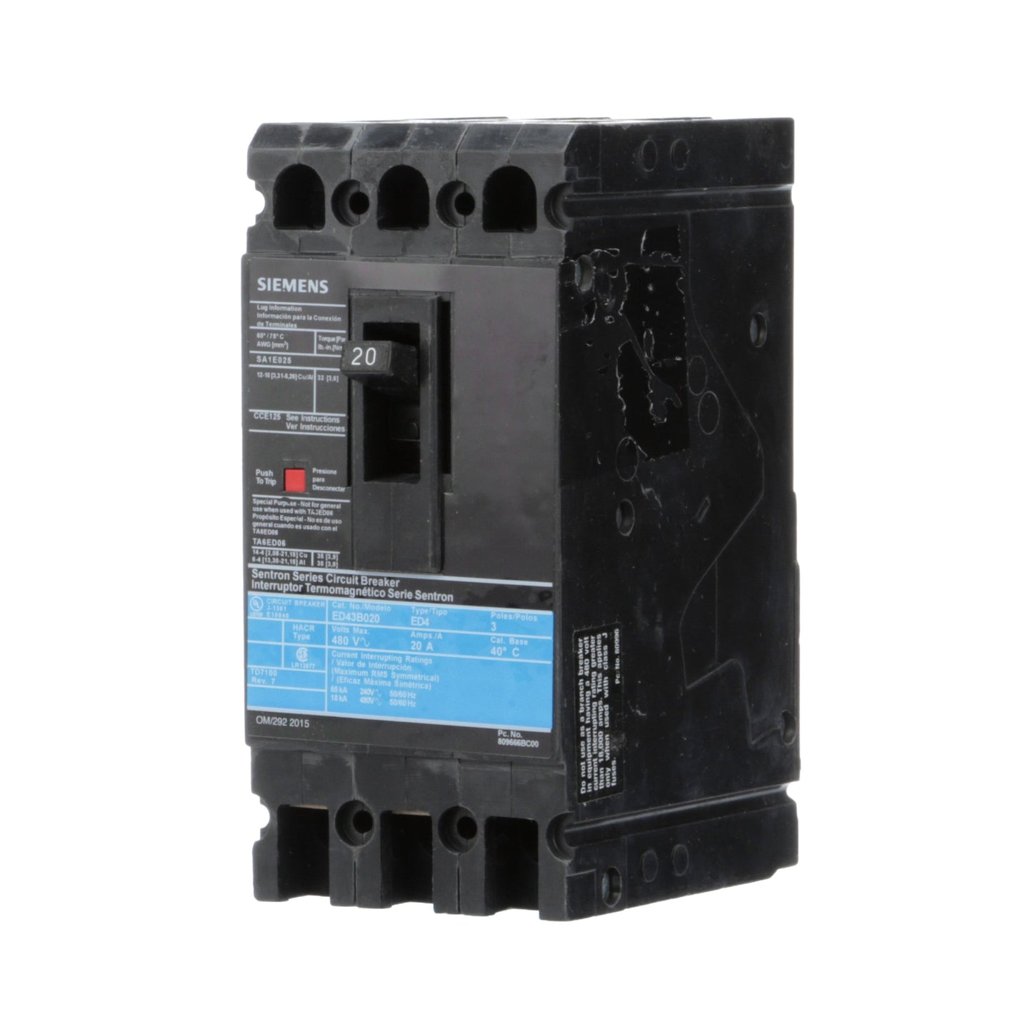 Siemens ED43B020L Molded Case Circuit Breaker | 480V 20A 3P 18kA@480V Feed-Thru Sentron Series