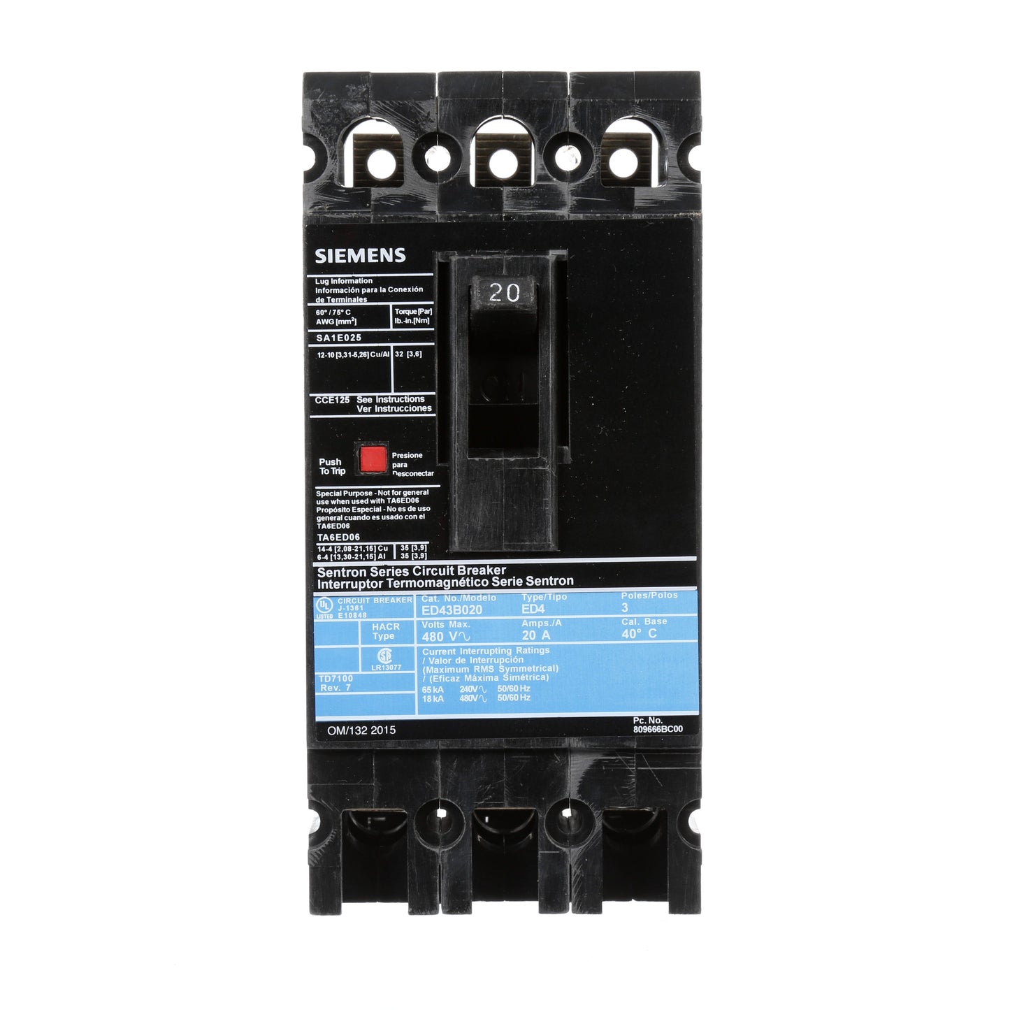 Siemens ED43B020 Circuit Breaker | 480V 20A 3P 18kA@480V Lug In Panelboard Sentron Series