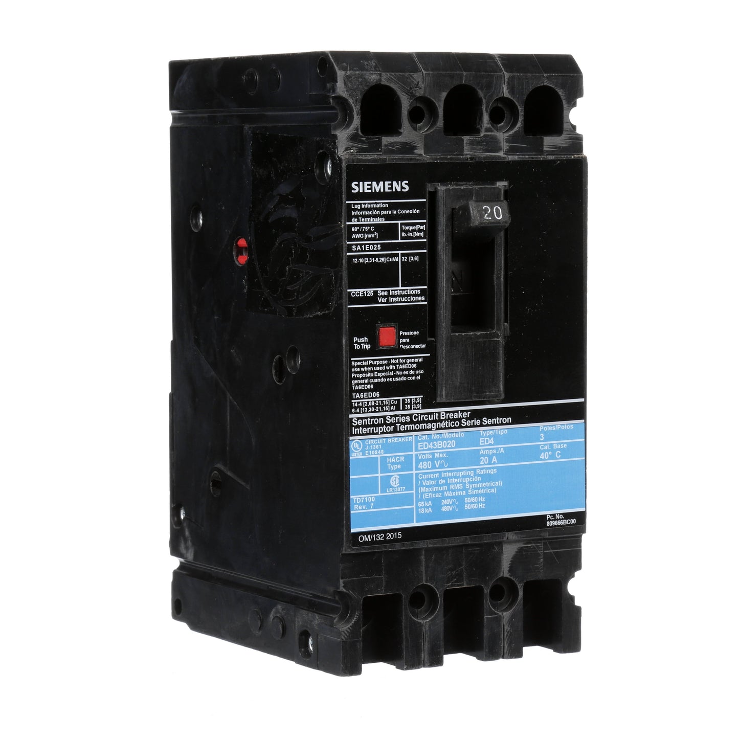 Siemens ED43B020 Circuit Breaker | 480V 20A 3P 18kA@480V Lug In Panelboard Sentron Series