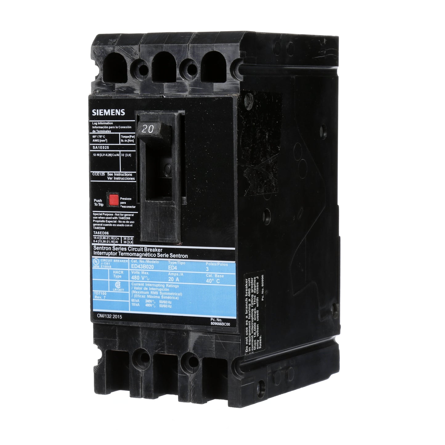 Siemens ED43B020 Circuit Breaker | 480V 20A 3P 18kA@480V Lug In Panelboard Sentron Series