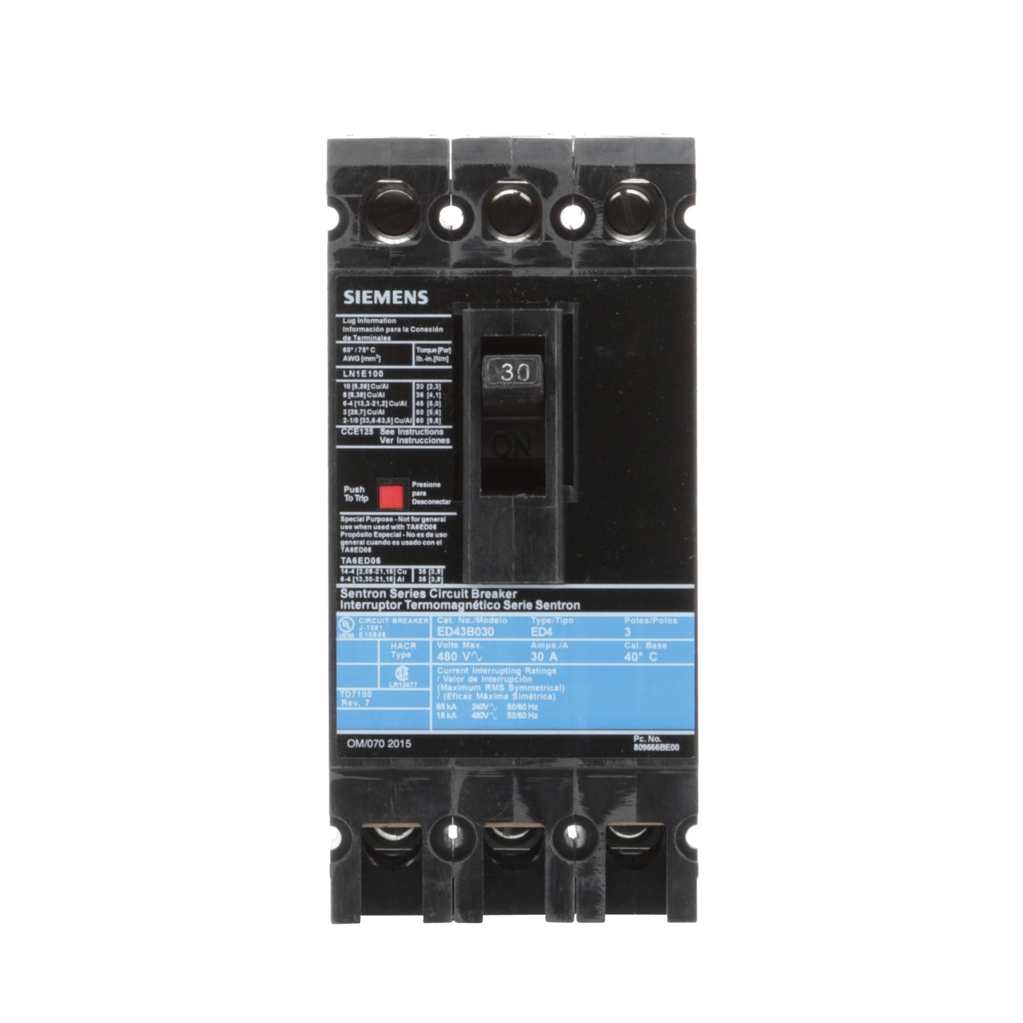 Siemens ED43B030L Circuit Breaker | 480V 30A 3P 18kA@480V Feed-Thru Sentron Series