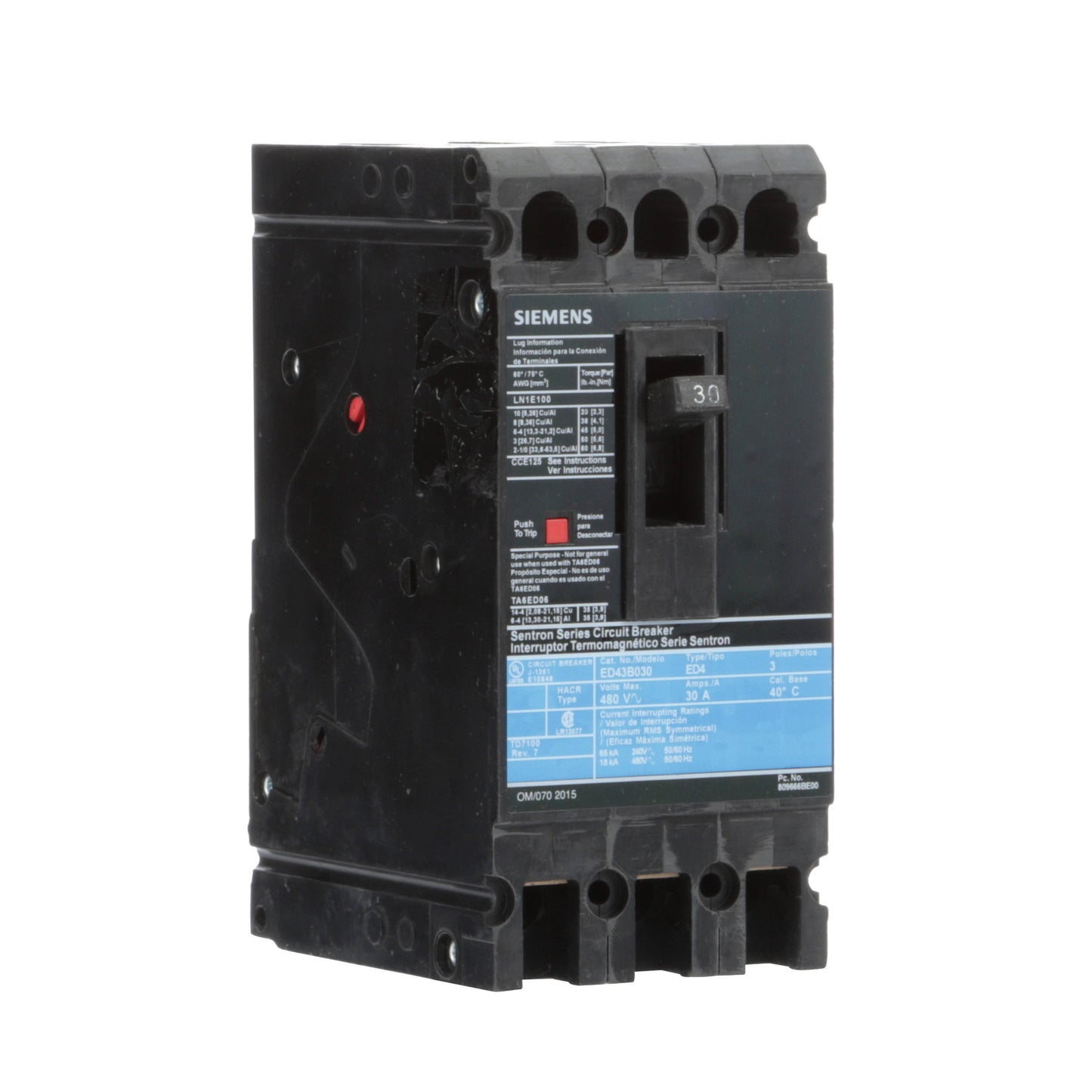 Siemens ED43B030L Circuit Breaker | 480V 30A 3P 18kA@480V Feed-Thru Sentron Series