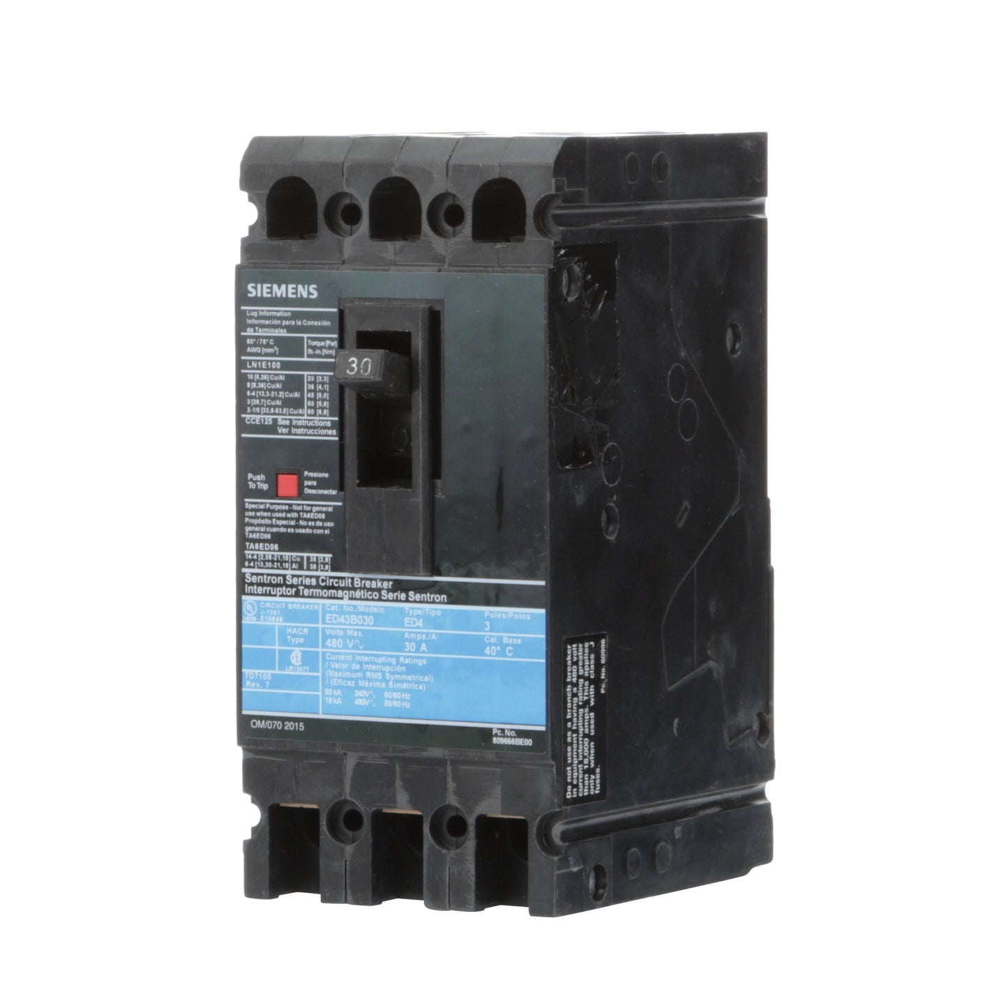 Siemens ED43B030L Circuit Breaker | 480V 30A 3P 18kA@480V Feed-Thru Sentron Series