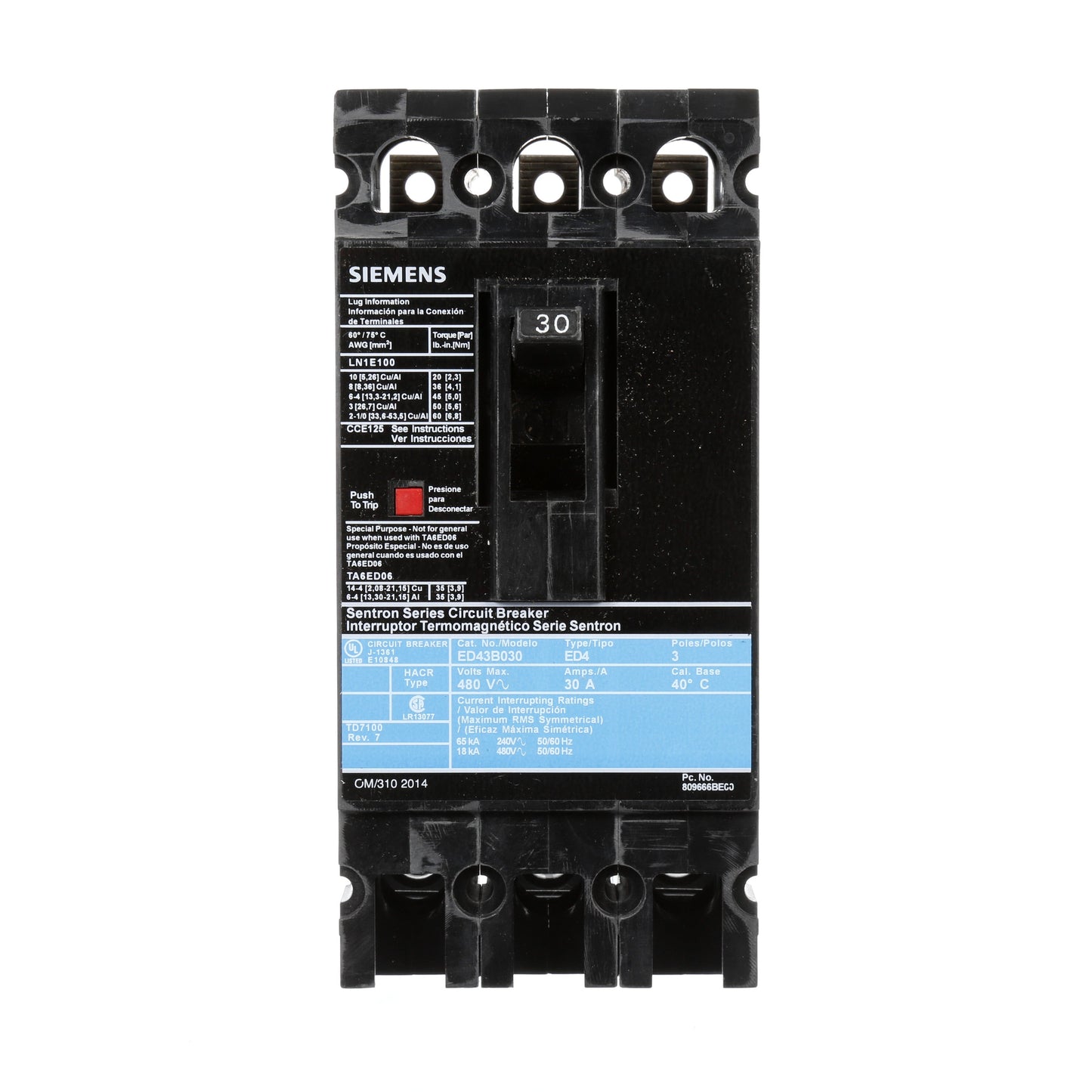 Siemens ED43B030 Circuit Breaker | 480V 30A 3P 18kA@480V Lug In Panelboard Sentron Series