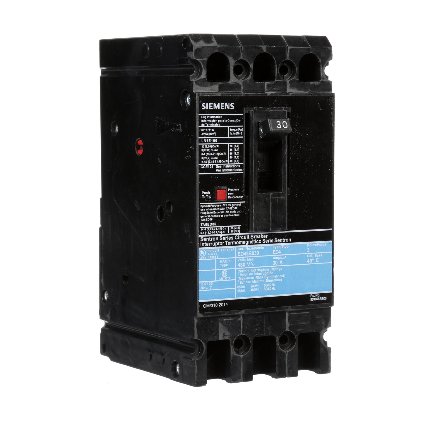 Siemens ED43B030 Circuit Breaker | 480V 30A 3P 18kA@480V Lug In Panelboard Sentron Series