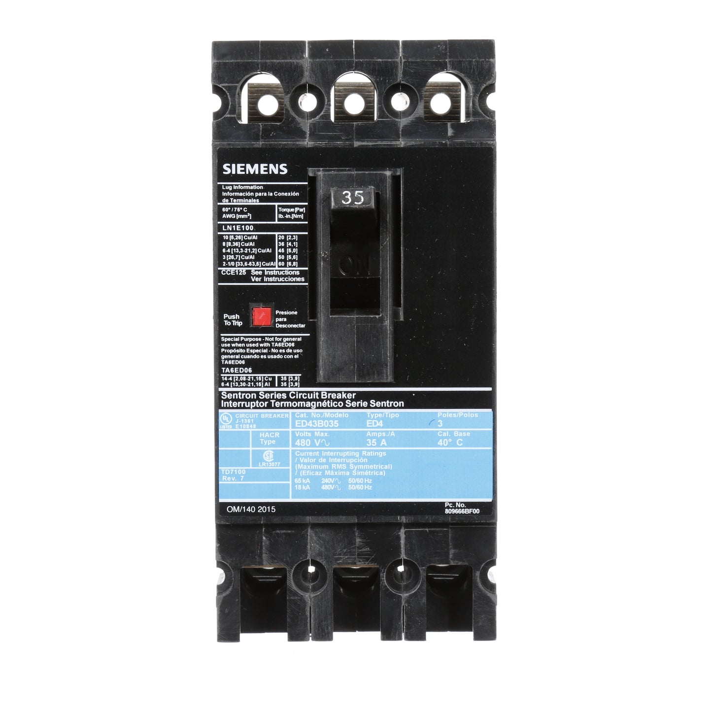 Siemens ED43B035 Molded Case Circuit Breaker | 480V 35A 3P 18kA@480V Lug In Panelboard Sentron Series