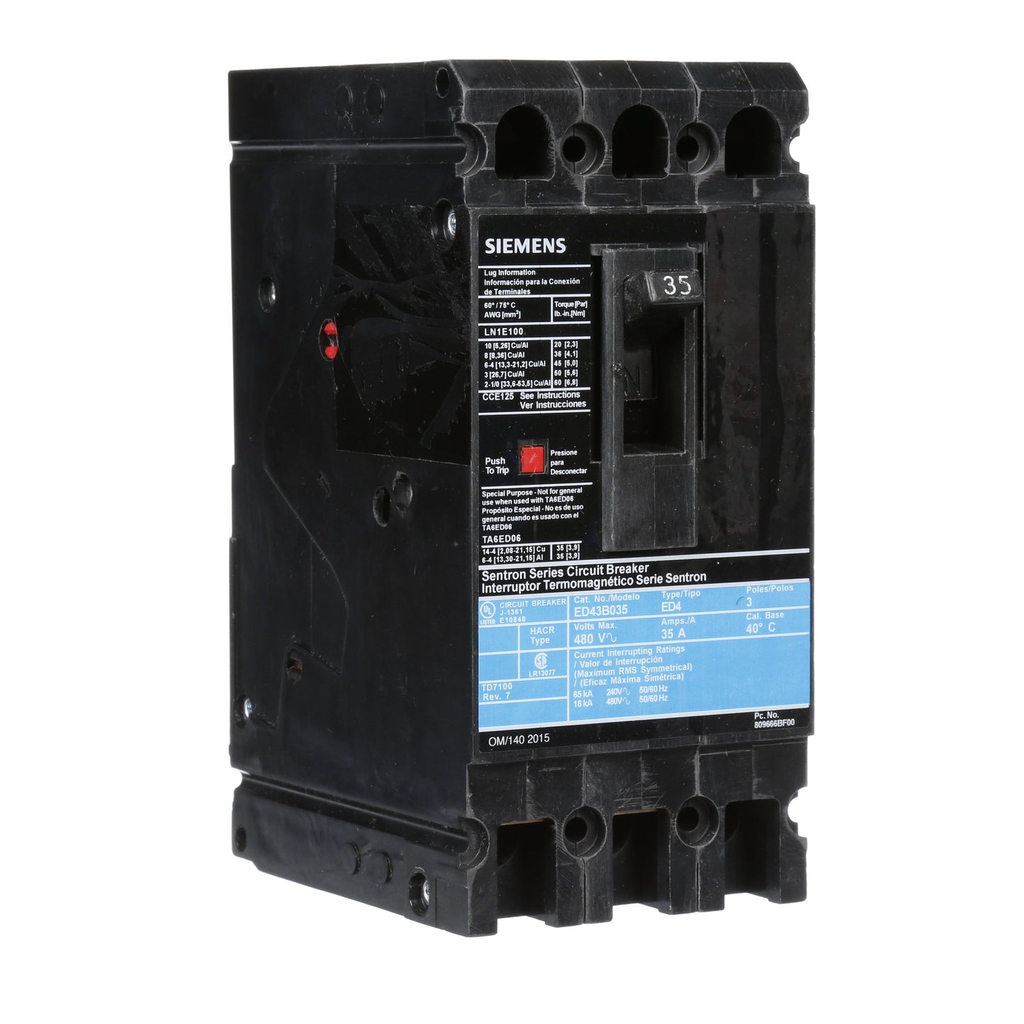 Siemens ED43B035 Molded Case Circuit Breaker | 480V 35A 3P 18kA@480V Lug In Panelboard Sentron Series