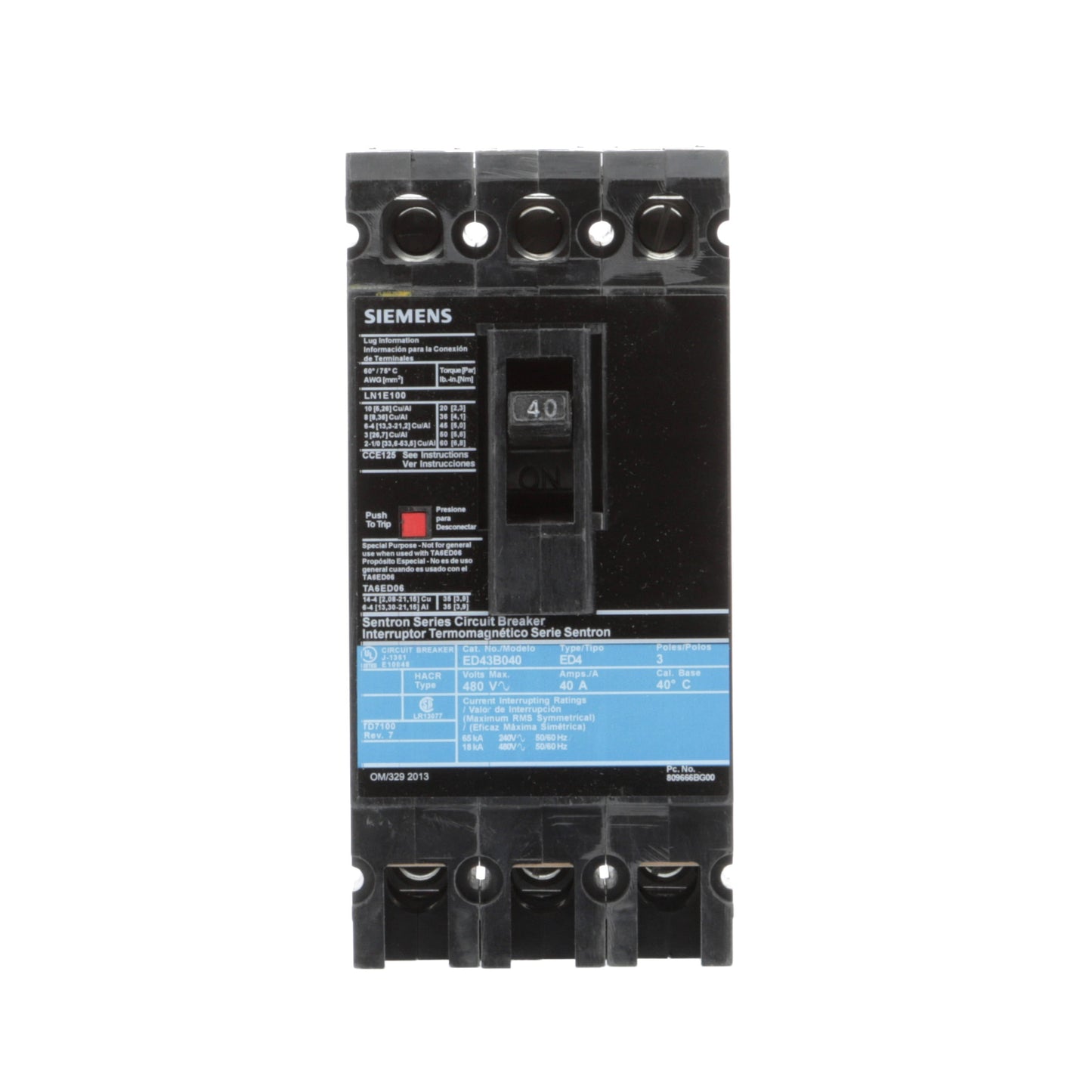 Siemens ED43B040L Circuit Breaker | 480V 40A 3P 18kA@480V Feed-Thru Sentron Series