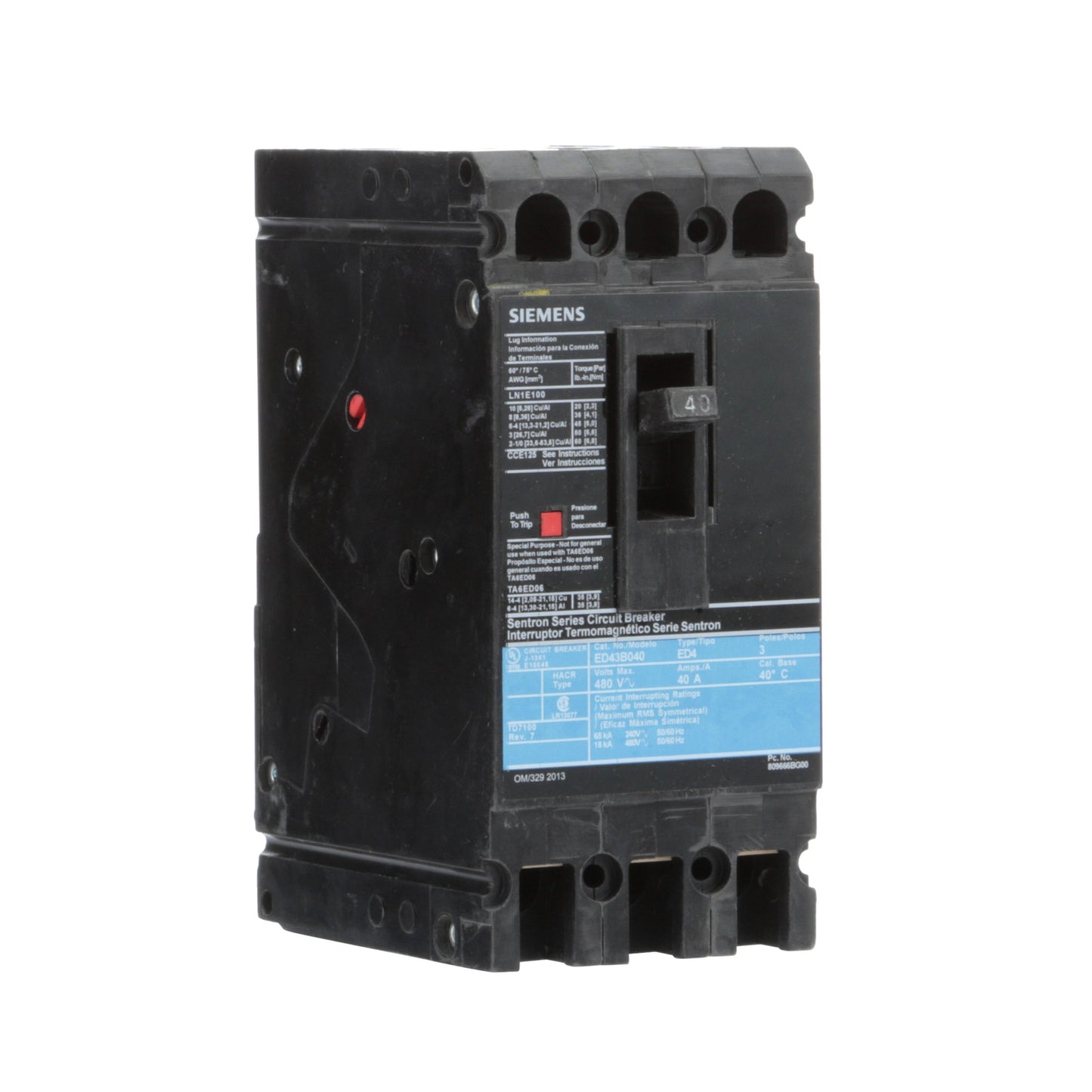 Siemens ED43B040L Circuit Breaker | 480V 40A 3P 18kA@480V Feed-Thru Sentron Series