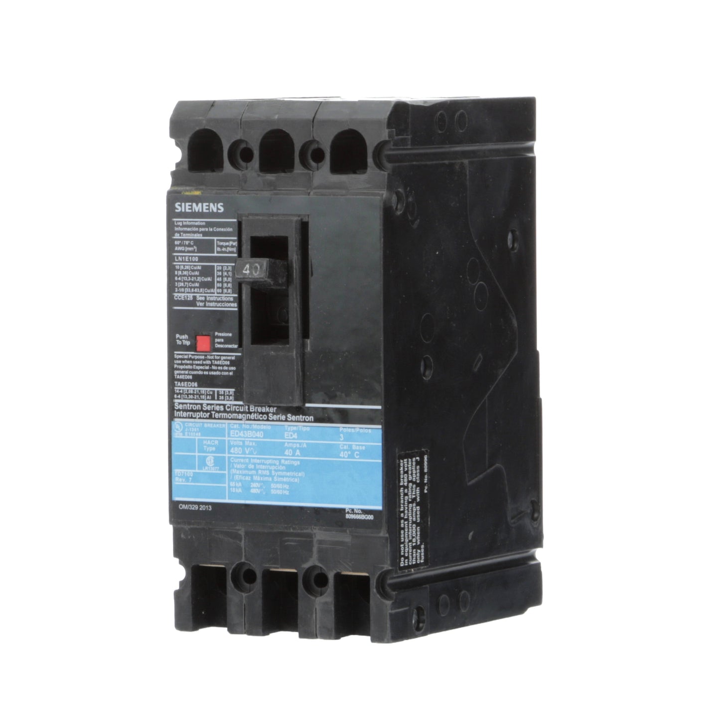 Siemens ED43B040L Circuit Breaker | 480V 40A 3P 18kA@480V Feed-Thru Sentron Series