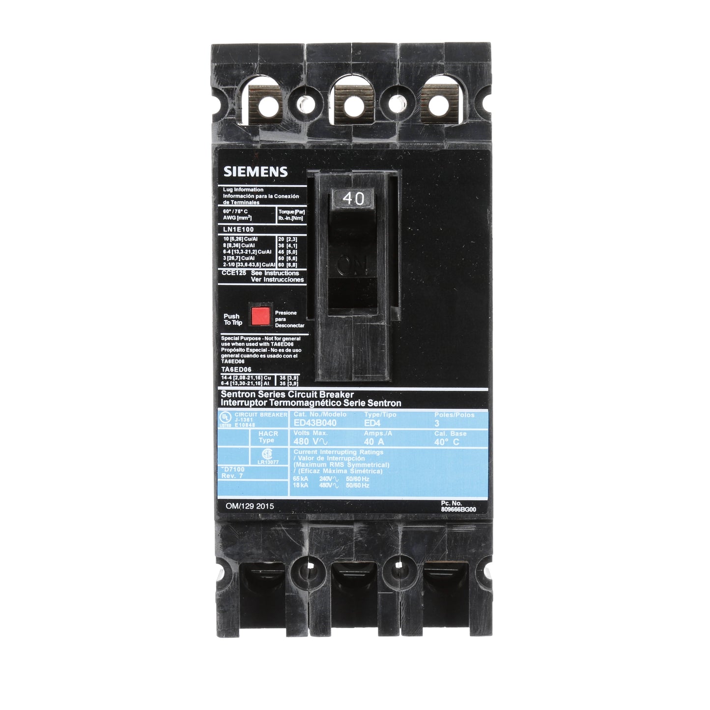 Siemens ED43B040 Circuit Breaker | 480V 40A 3P 18kA@480V Lug In Panelboard Sentron Series