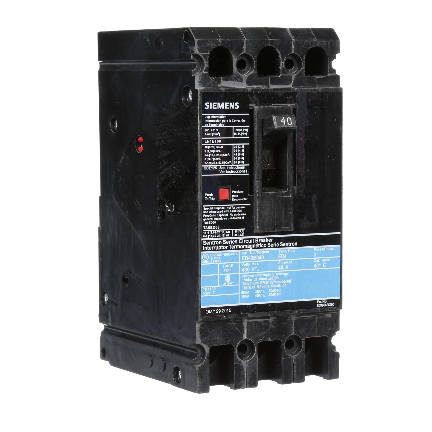 Siemens ED43B040 Circuit Breaker | 480V 40A 3P 18kA@480V Lug In Panelboard Sentron Series