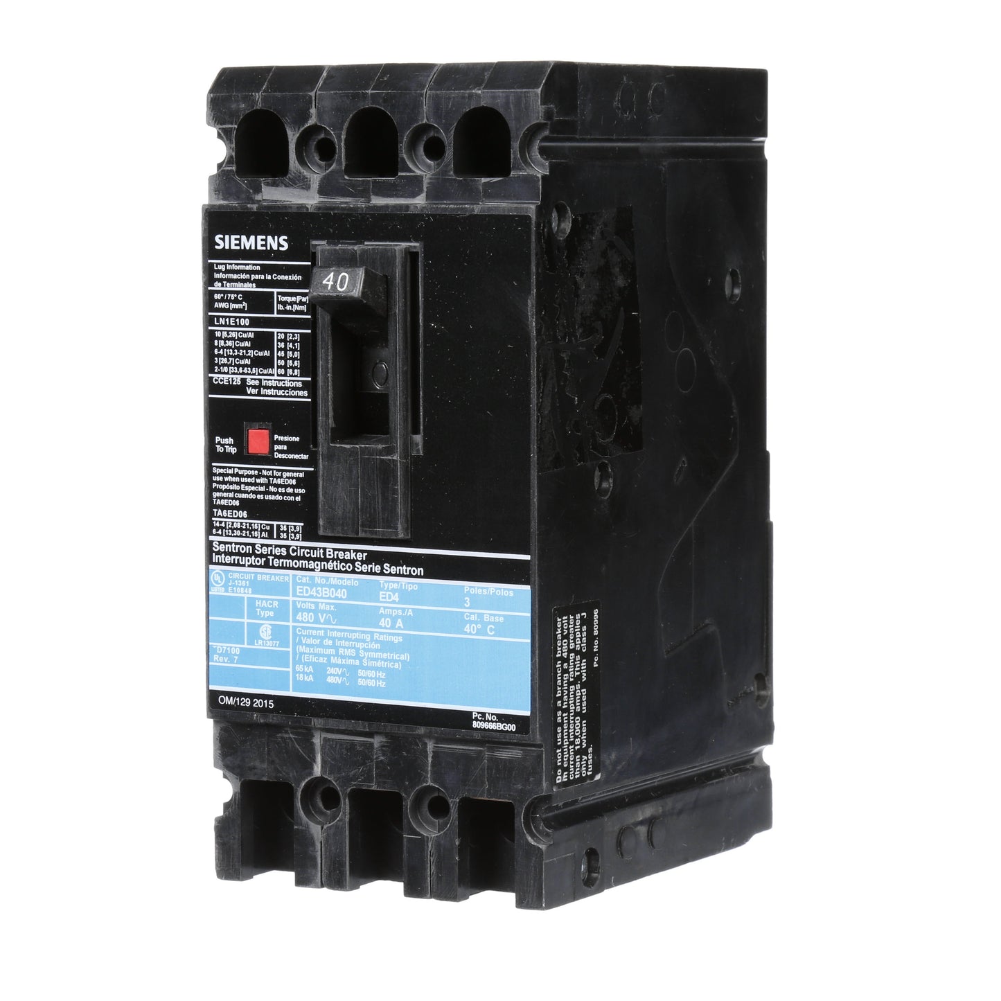 Siemens ED43B040 Circuit Breaker | 480V 40A 3P 18kA@480V Lug In Panelboard Sentron Series