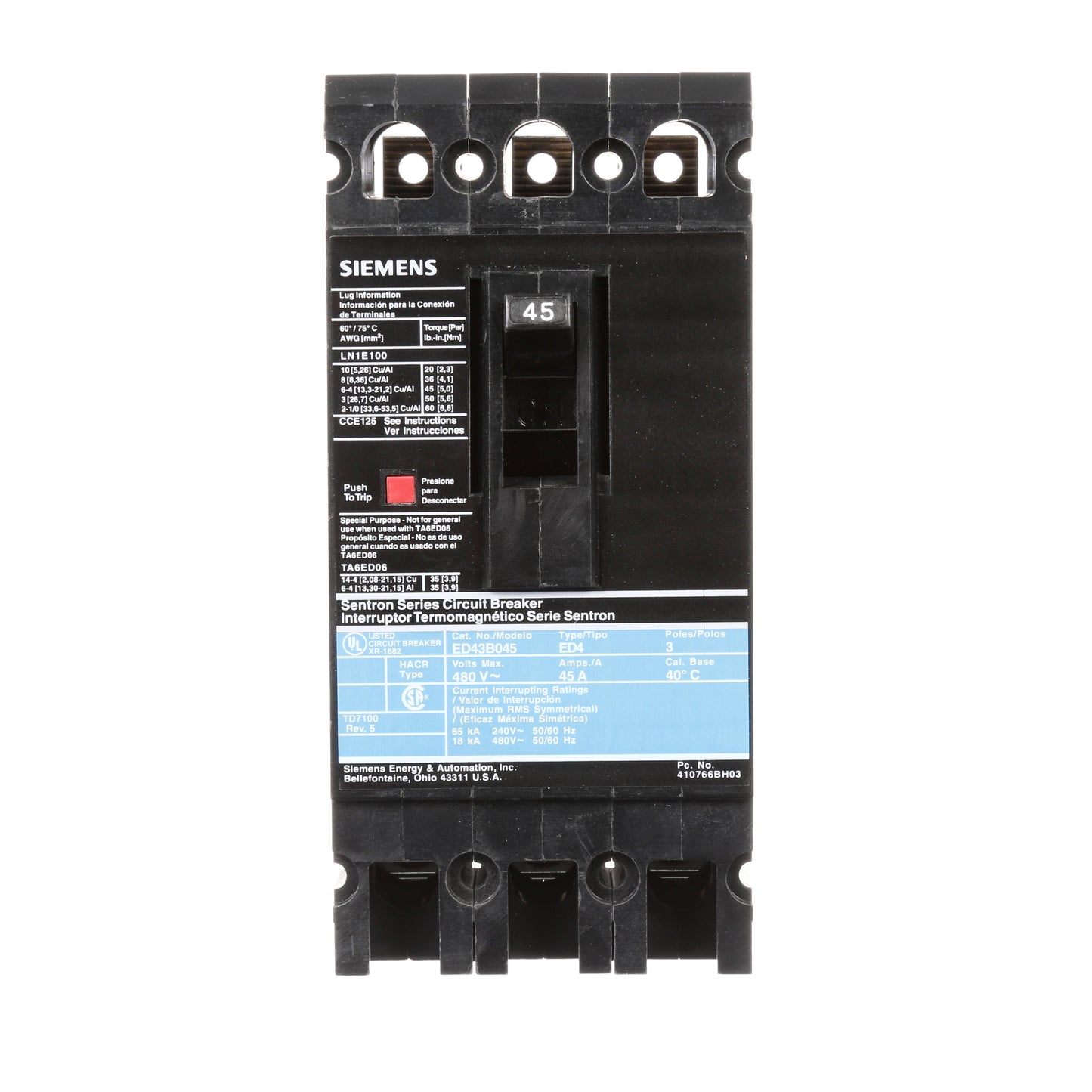 Siemens ED43B045 Circuit Breaker | 480V 45A 3P 18kA@480V Lug In Panelboard Sentron Series