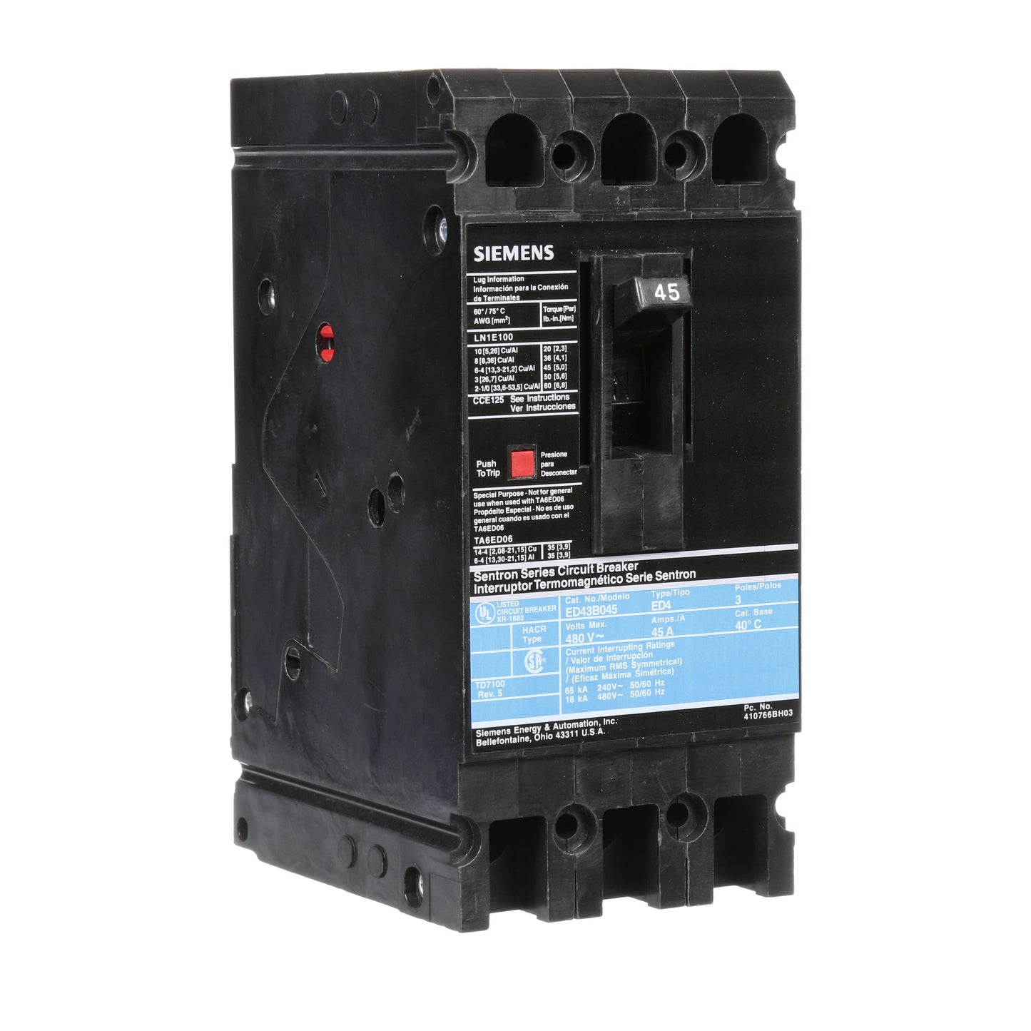 Siemens ED43B045 Circuit Breaker | 480V 45A 3P 18kA@480V Lug In Panelboard Sentron Series